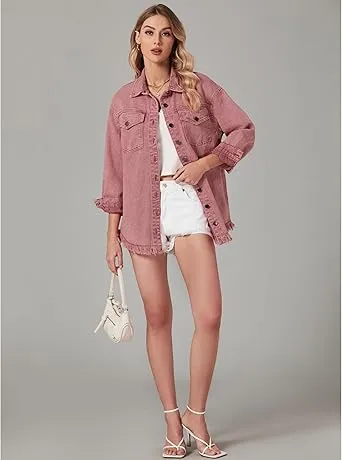 Vetinee Women’s Ball Women’s Front-Button Frayed Hem Shacket Long Sleeve Flap Chest Pockets Denim Jean Jacket