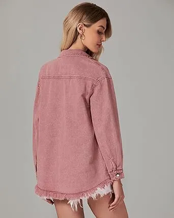 Vetinee Women’s Ball Women’s Front-Button Frayed Hem Shacket Long Sleeve Flap Chest Pockets Denim Jean Jacket