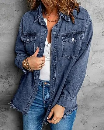 Vetinee Women’s Ball Women’s Front-Button Frayed Hem Shacket Long Sleeve Flap Chest Pockets Denim Jean Jacket