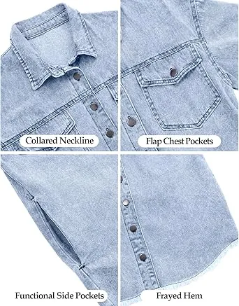 Vetinee Women’s Ball Women’s Front-Button Frayed Hem Shacket Long Sleeve Flap Chest Pockets Denim Jean Jacket