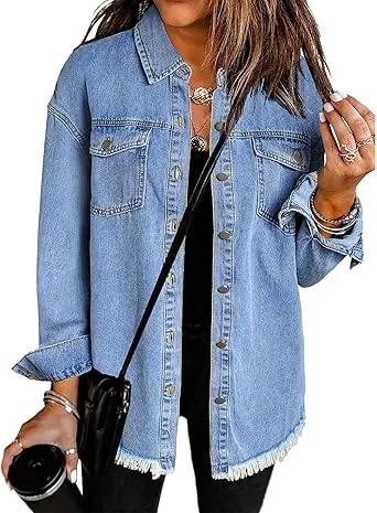 Vetinee Women’s Ball Women’s Front-Button Frayed Hem Shacket Long Sleeve Flap Chest Pockets Denim Jean Jacket