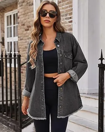 Vetinee Women’s Ball Women’s Front-Button Frayed Hem Shacket Long Sleeve Flap Chest Pockets Denim Jean Jacket