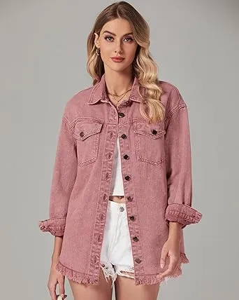 Vetinee Women’s Ball Women’s Front-Button Frayed Hem Shacket Long Sleeve Flap Chest Pockets Denim Jean Jacket