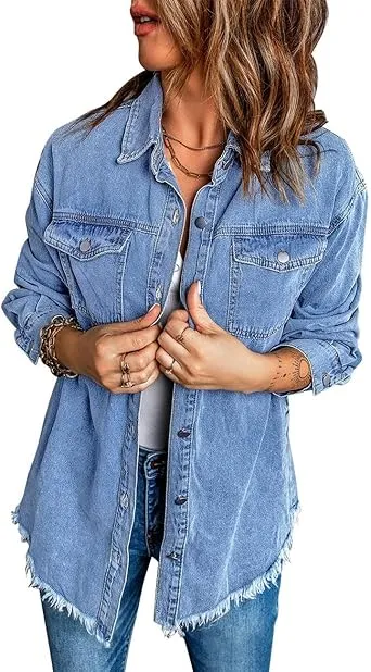 Vetinee Women’s Ball Women’s Front-Button Frayed Hem Shacket Long Sleeve Flap Chest Pockets Denim Jean Jacket