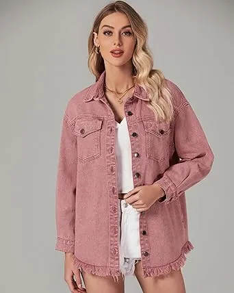 Vetinee Women’s Ball Women’s Front-Button Frayed Hem Shacket Long Sleeve Flap Chest Pockets Denim Jean Jacket