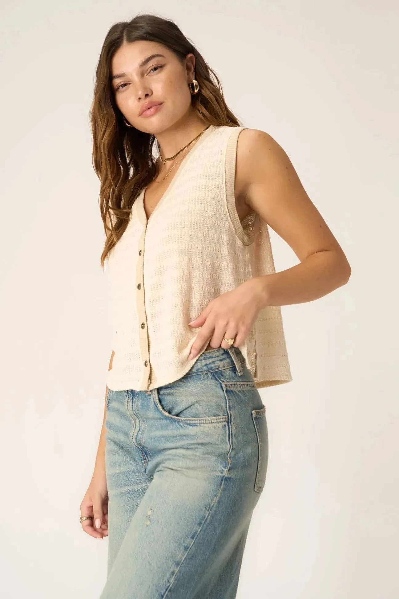 Viva Button Front Sweater Tank by Project Social T | Chalk