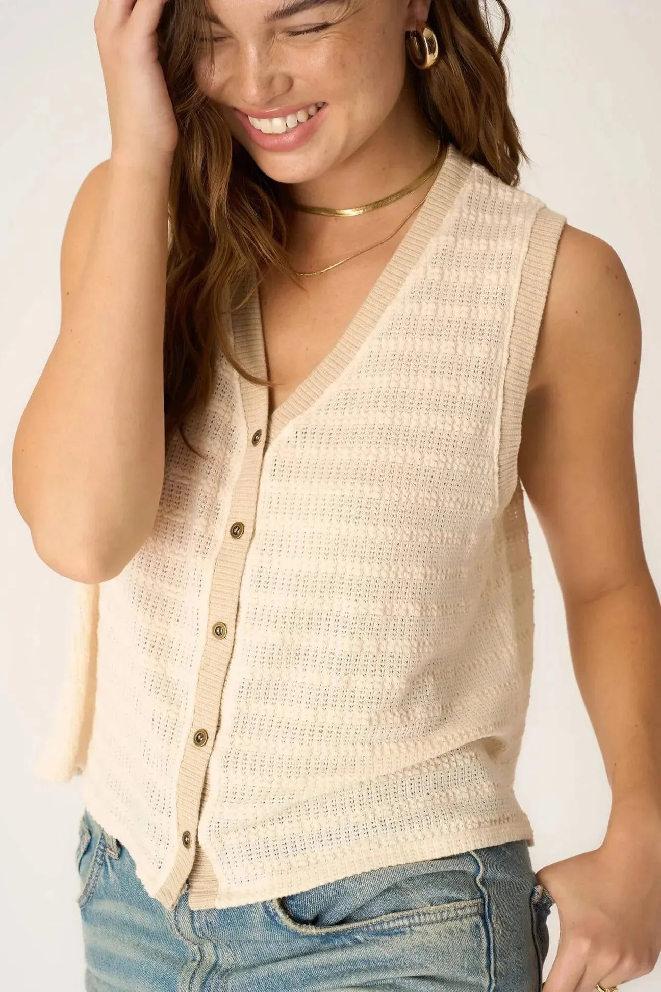 Viva Button Front Sweater Tank by Project Social T | Chalk