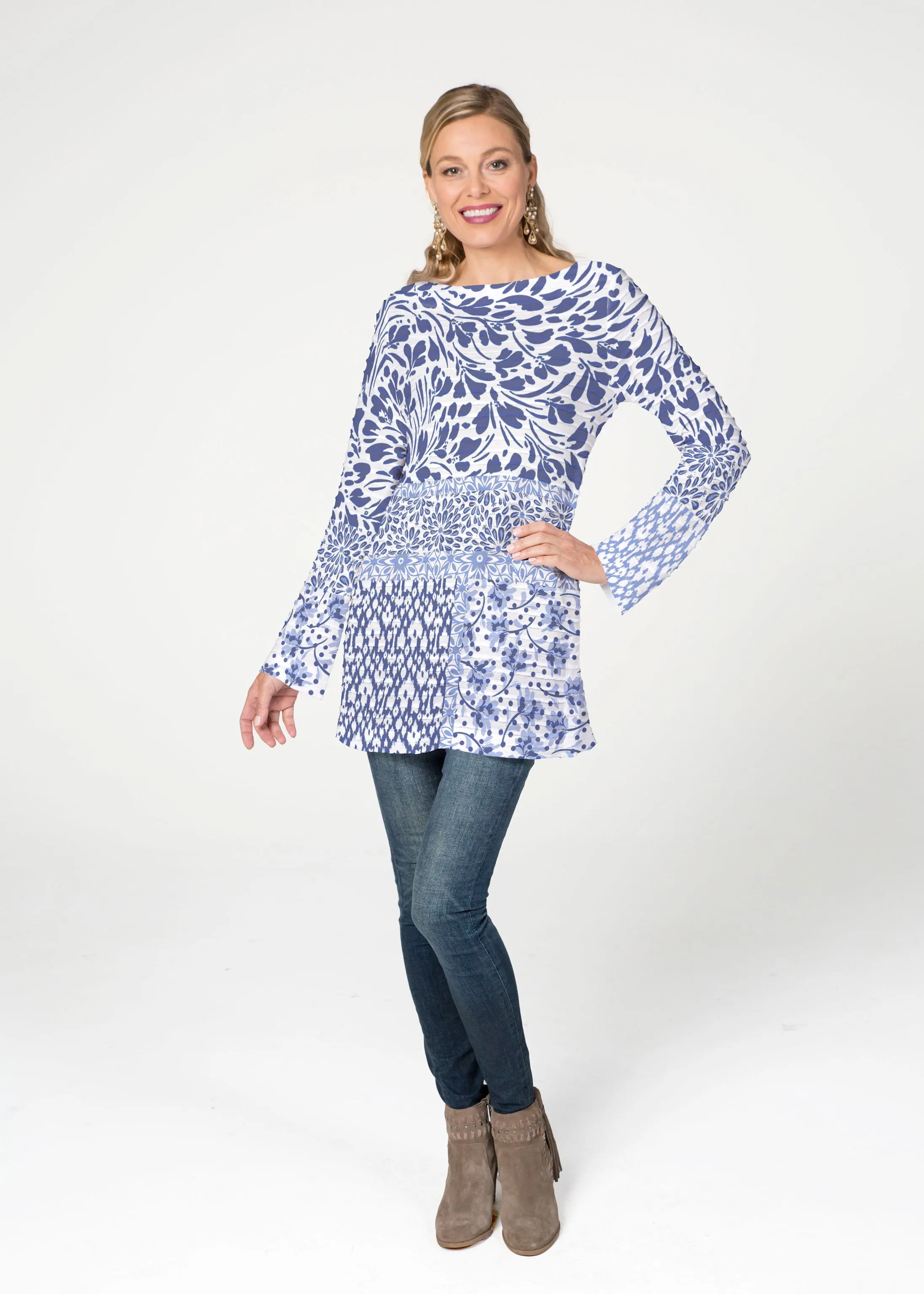 Whimsical Blue (13560) ~ Banded Boatneck Tunic