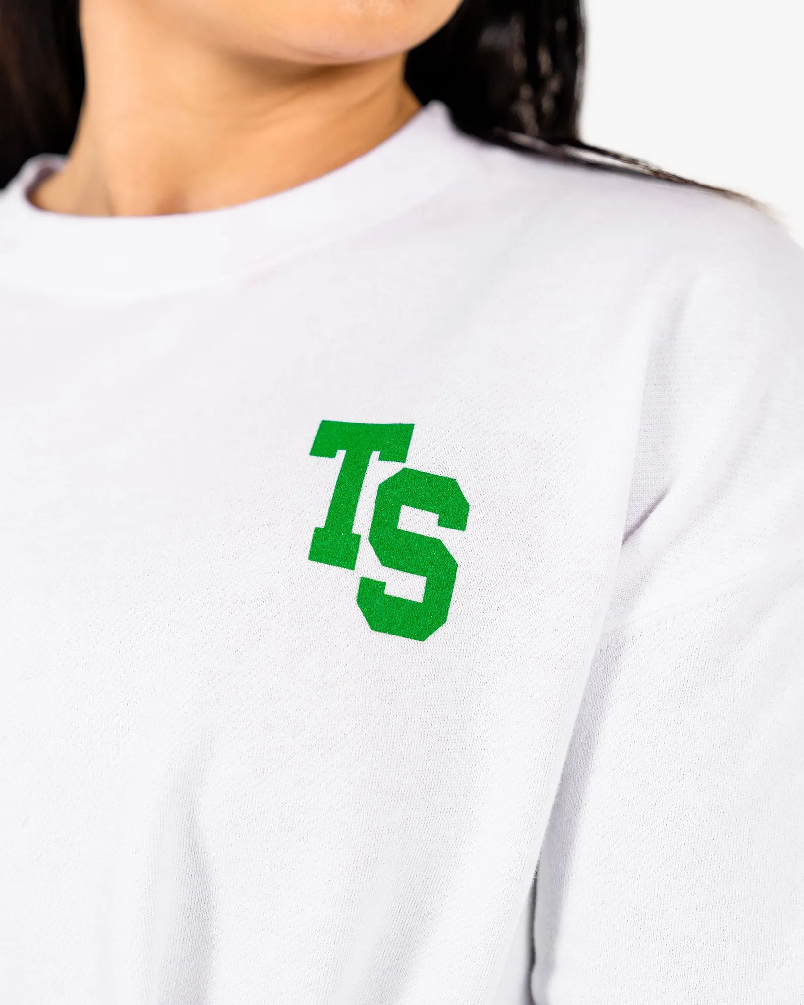 WKND Crop Crewneck - White w/ Green