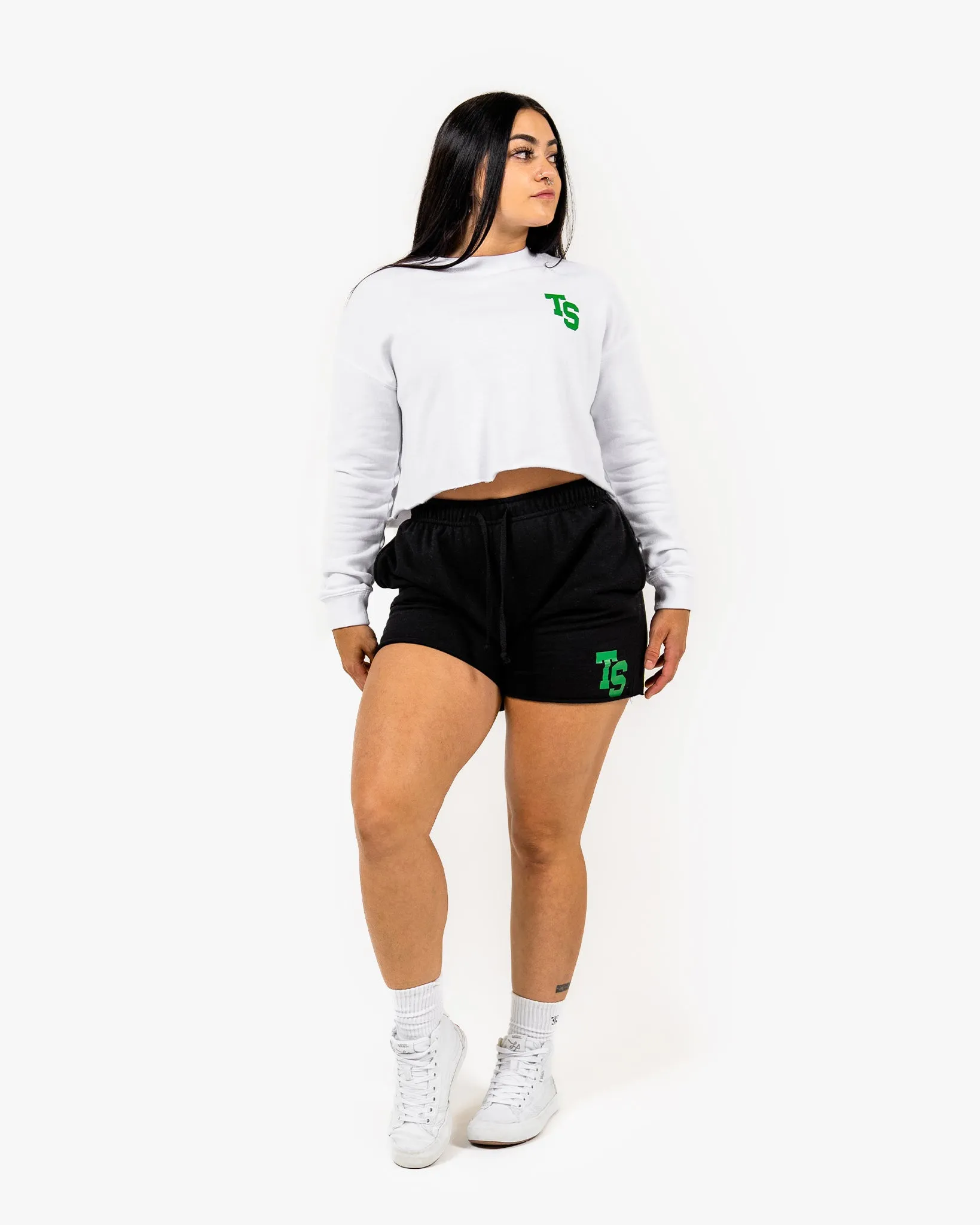 WKND Crop Crewneck - White w/ Green