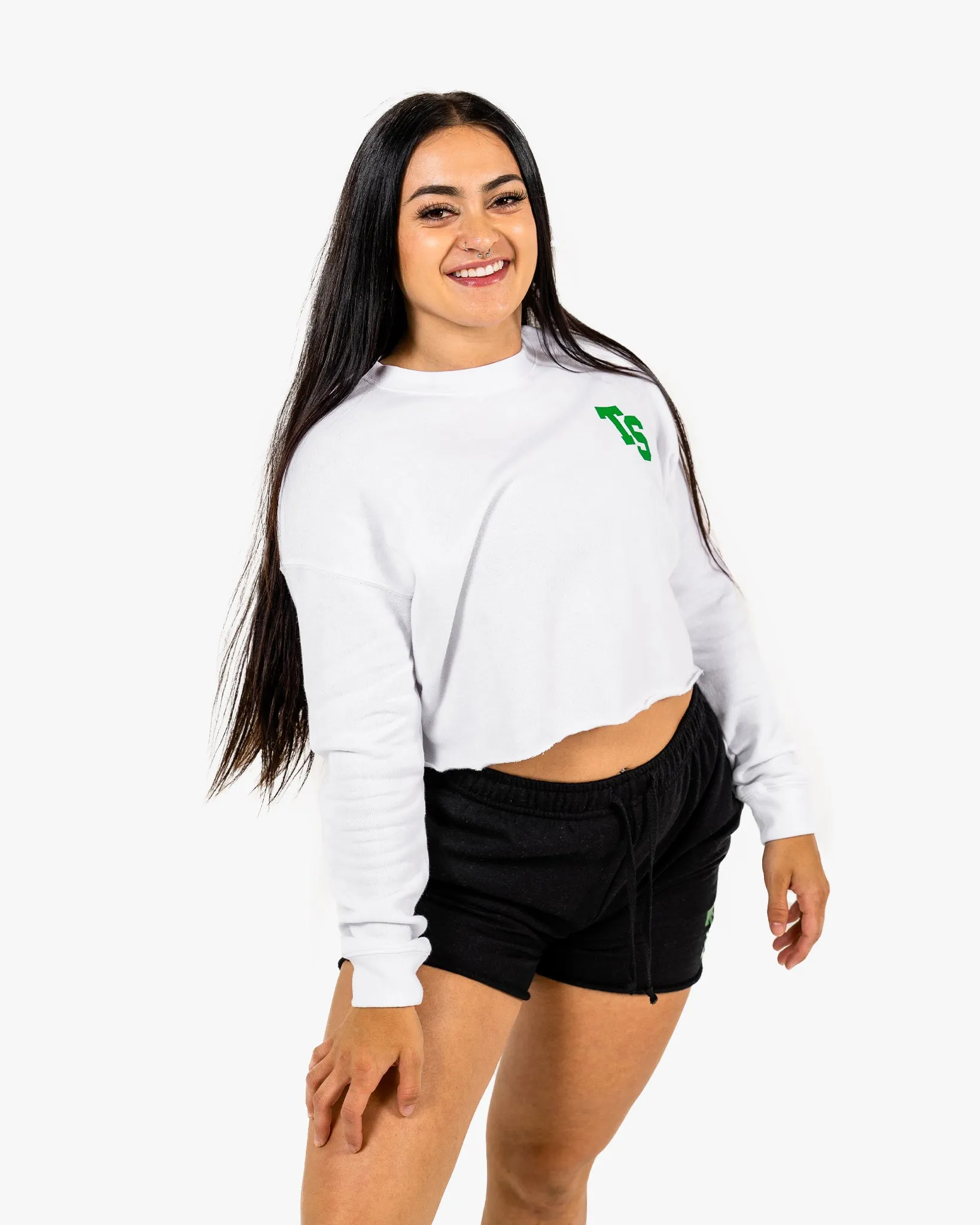 WKND Crop Crewneck - White w/ Green