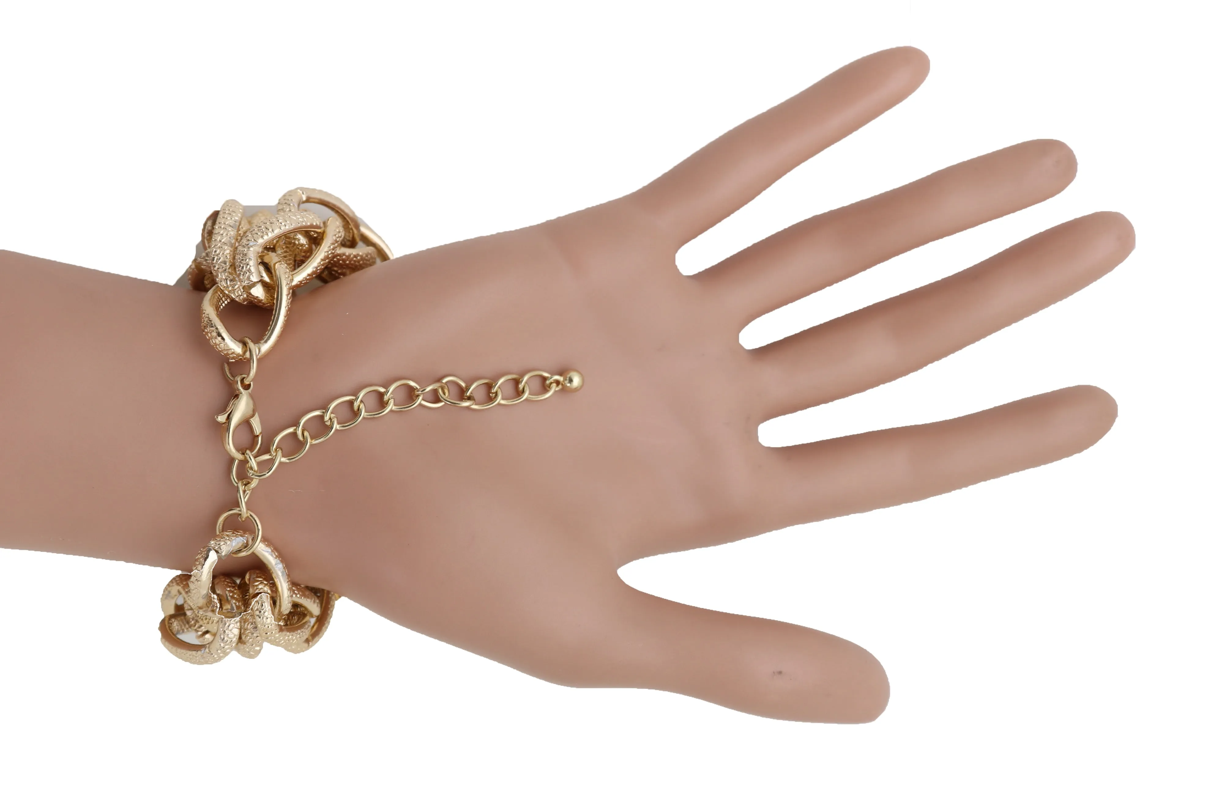 Women Bracelet Gold Textured Chain Links Double Strands Bulky Attractive Stylish Look