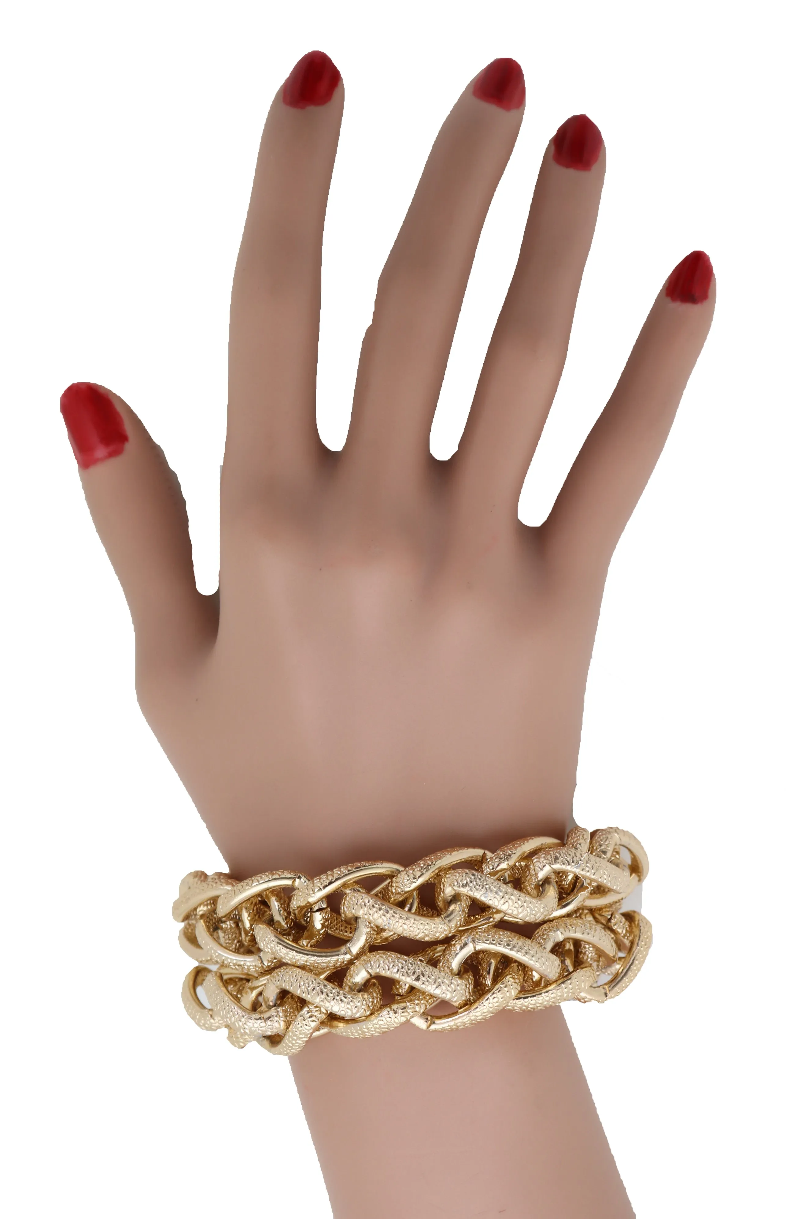 Women Bracelet Gold Textured Chain Links Double Strands Bulky Attractive Stylish Look