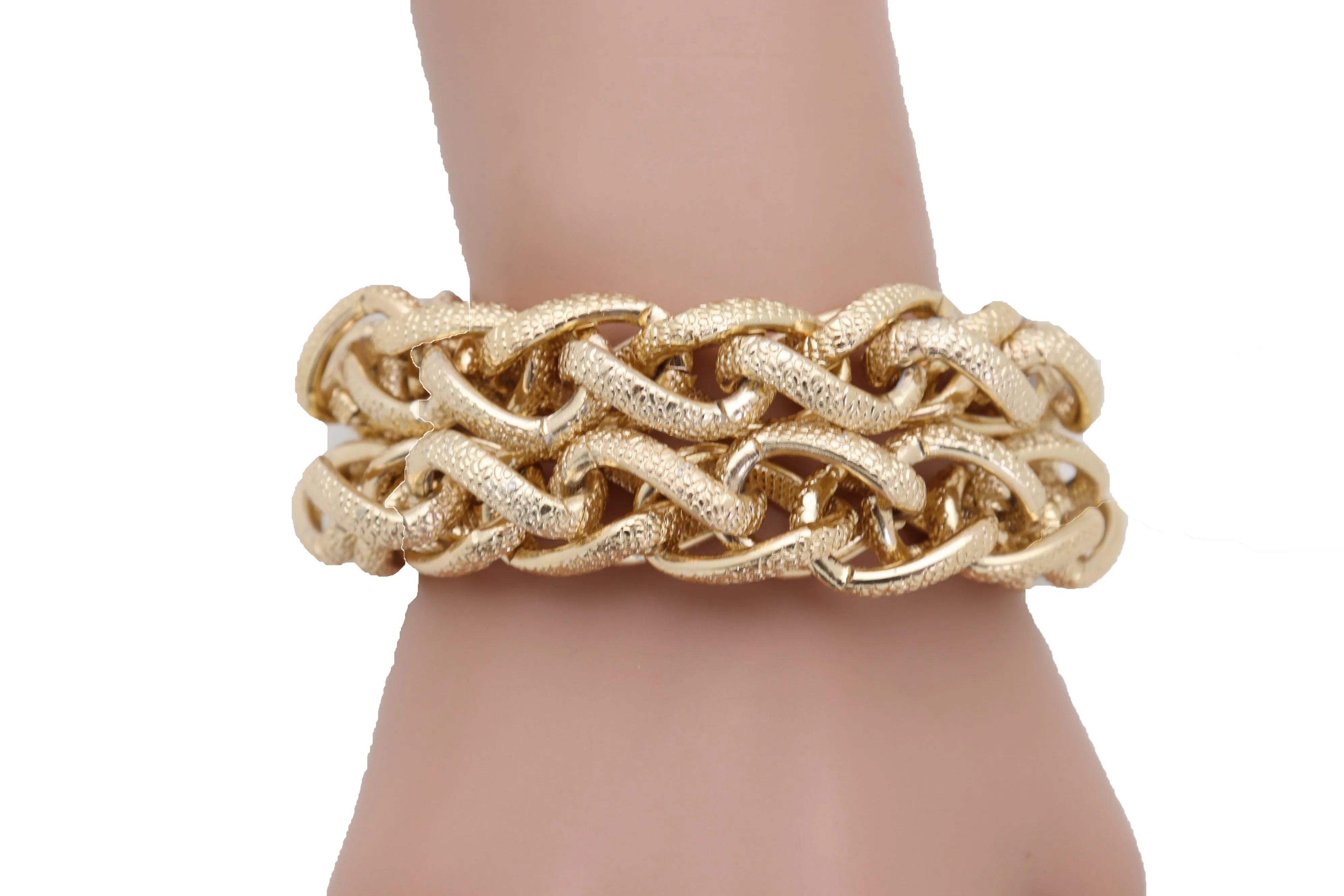 Women Bracelet Gold Textured Chain Links Double Strands Bulky Attractive Stylish Look