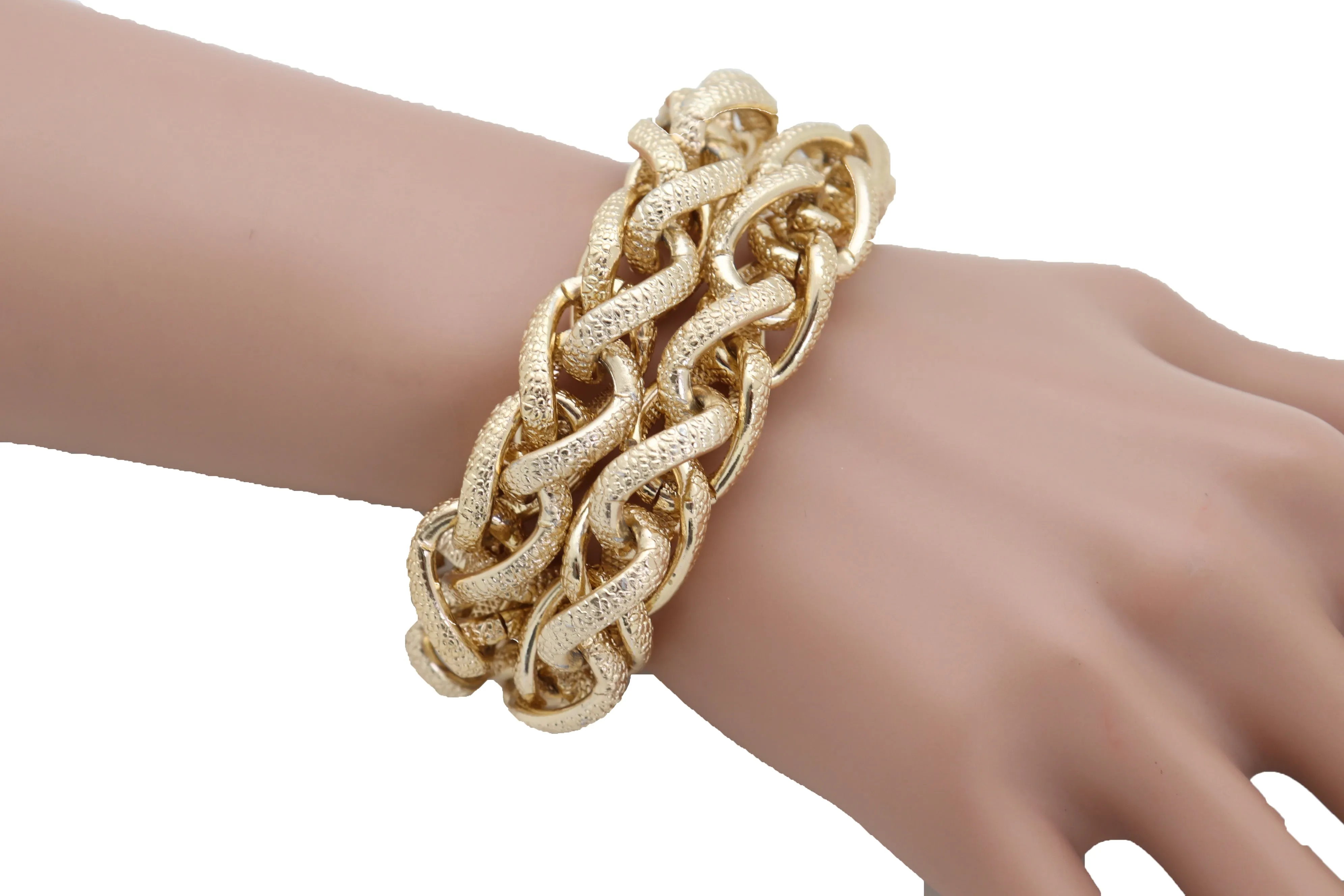 Women Bracelet Gold Textured Chain Links Double Strands Bulky Attractive Stylish Look