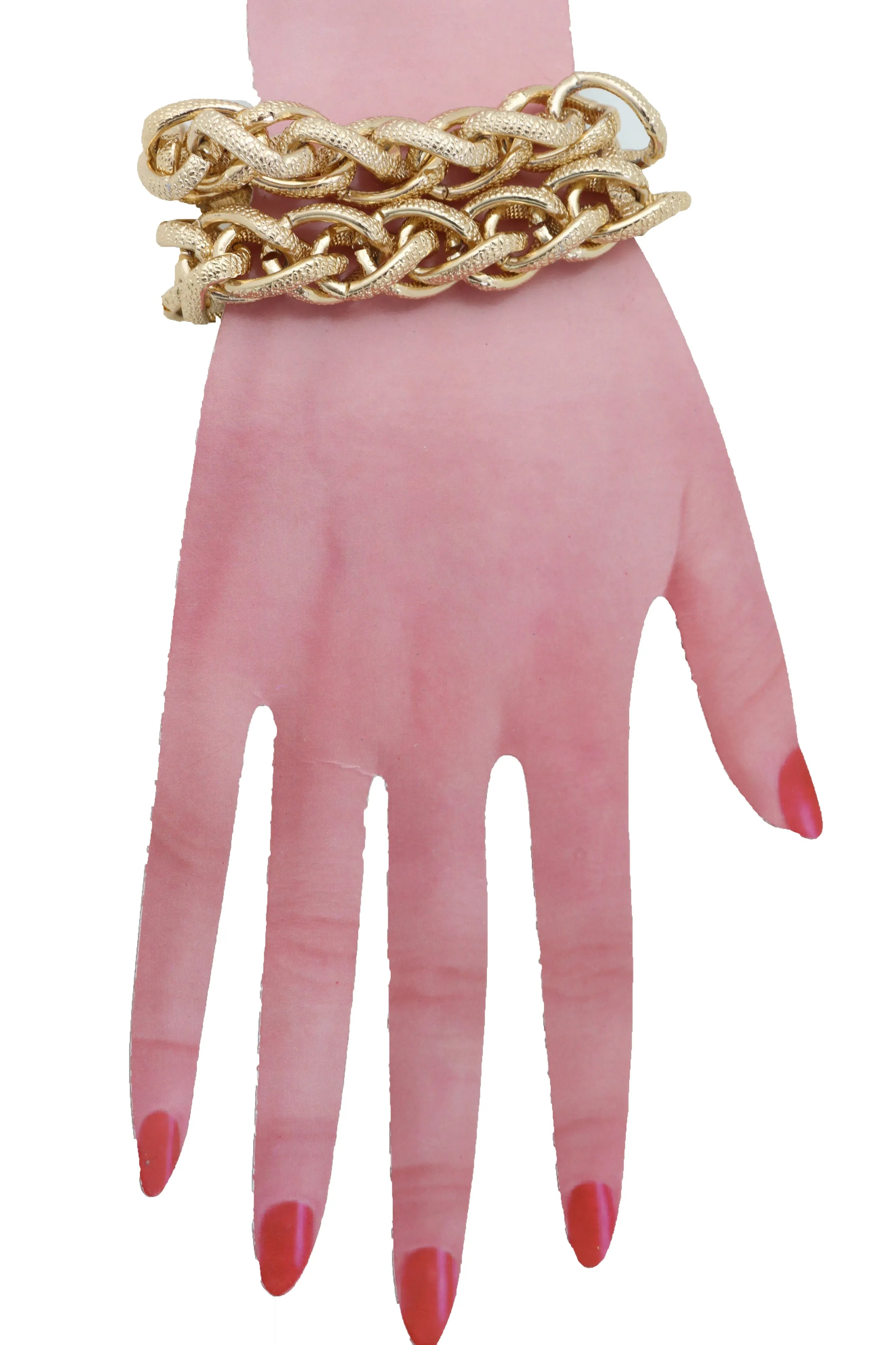 Women Bracelet Gold Textured Chain Links Double Strands Bulky Attractive Stylish Look