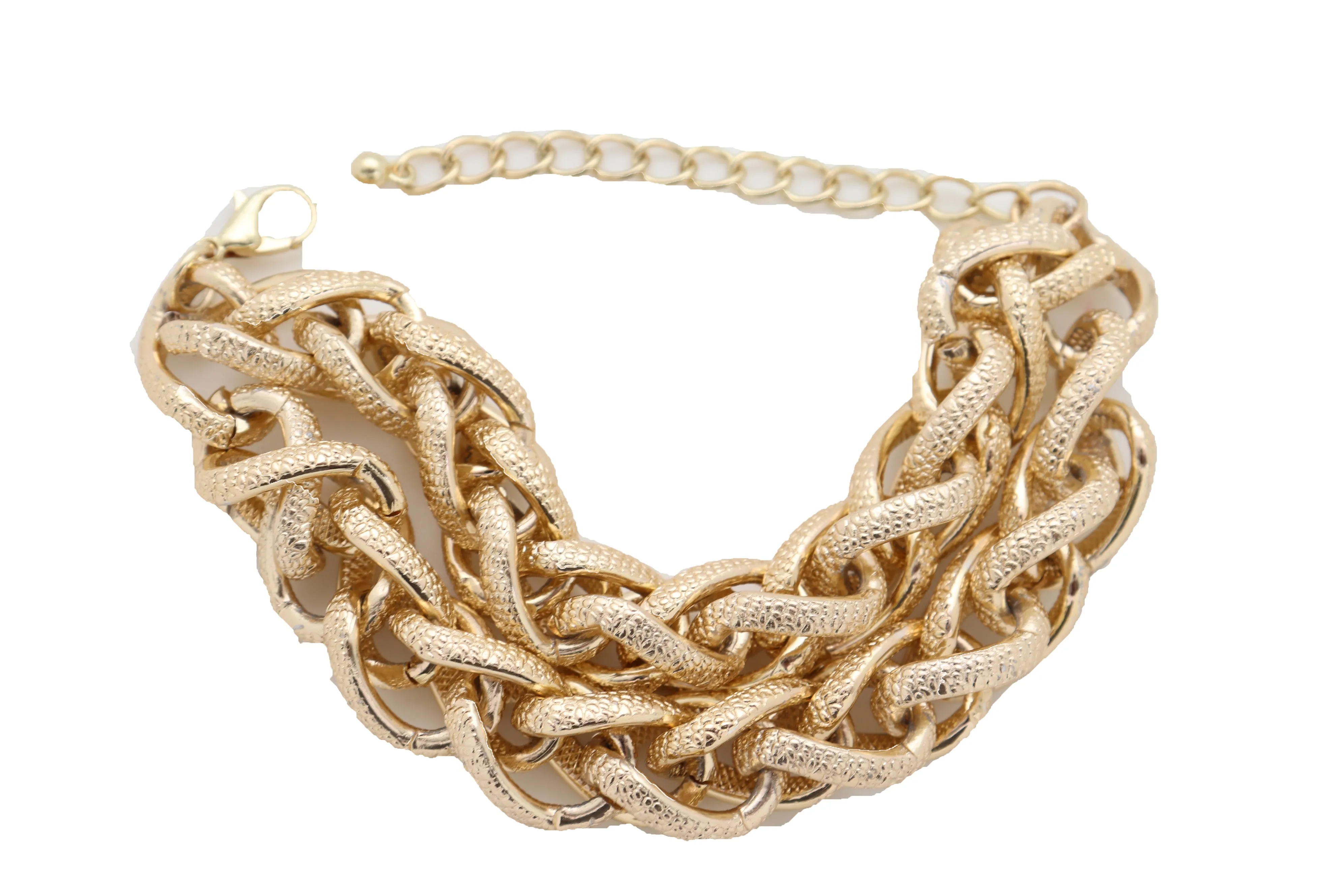 Women Bracelet Gold Textured Chain Links Double Strands Bulky Attractive Stylish Look