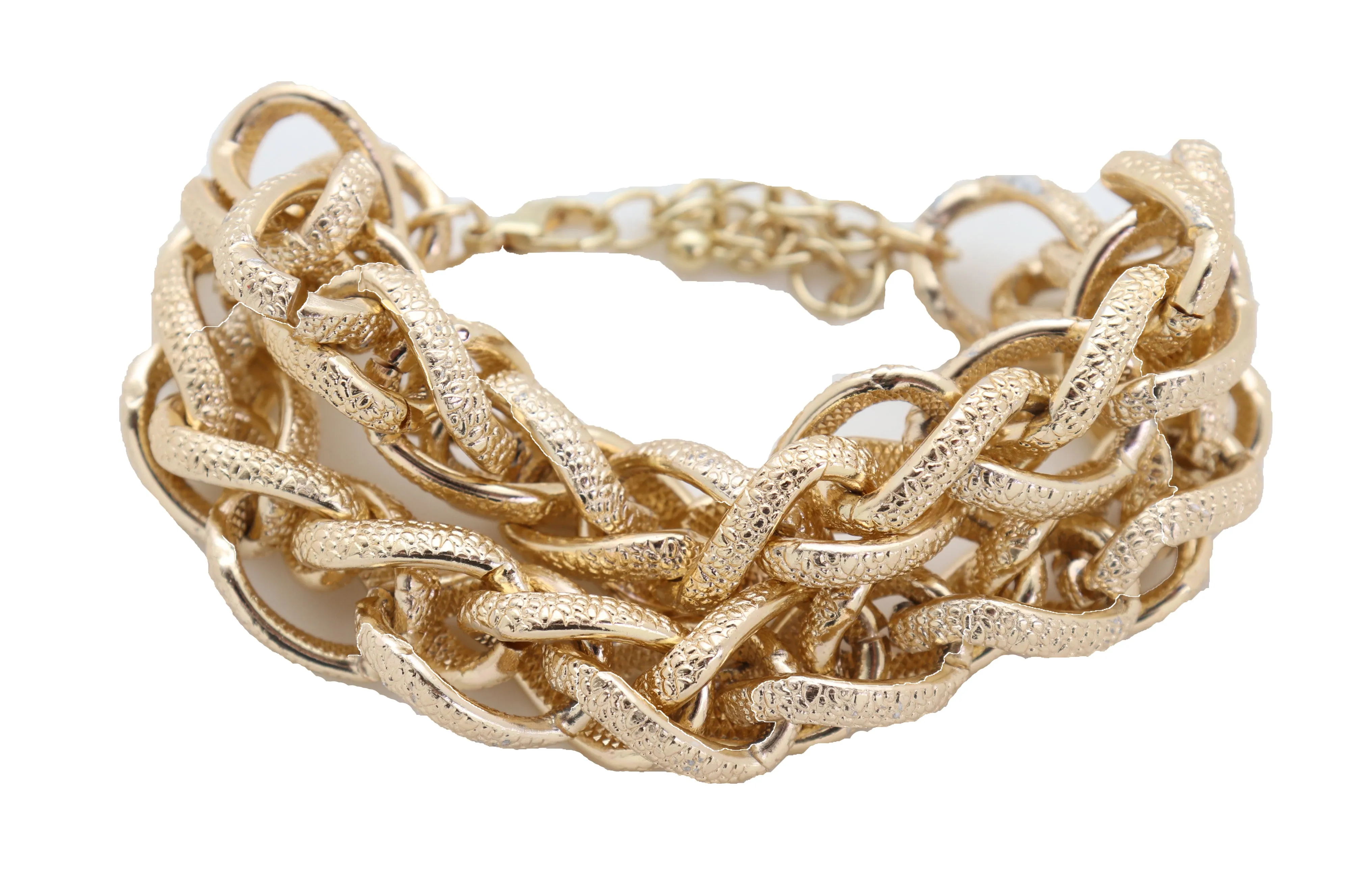 Women Bracelet Gold Textured Chain Links Double Strands Bulky Attractive Stylish Look
