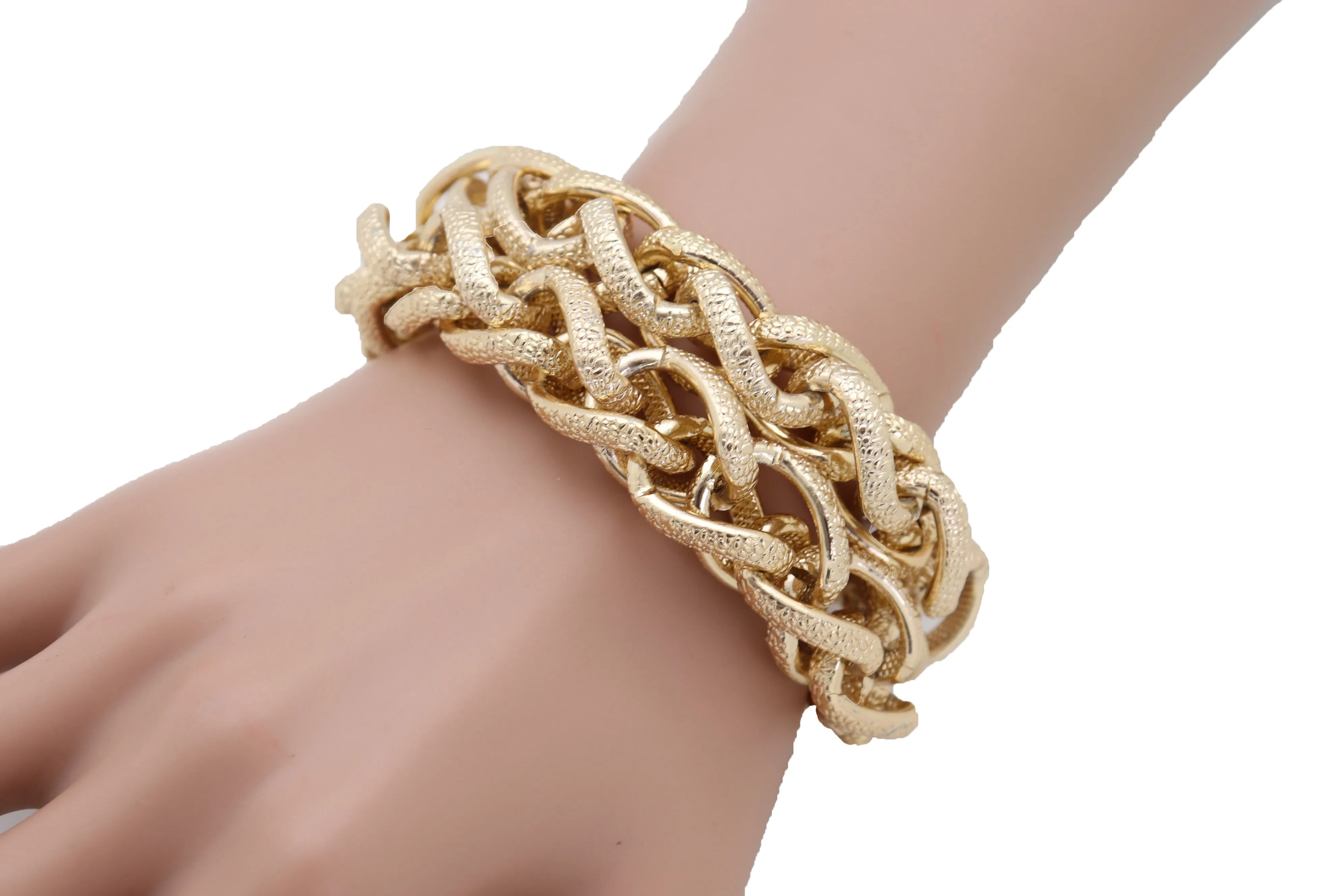 Women Bracelet Gold Textured Chain Links Double Strands Bulky Attractive Stylish Look