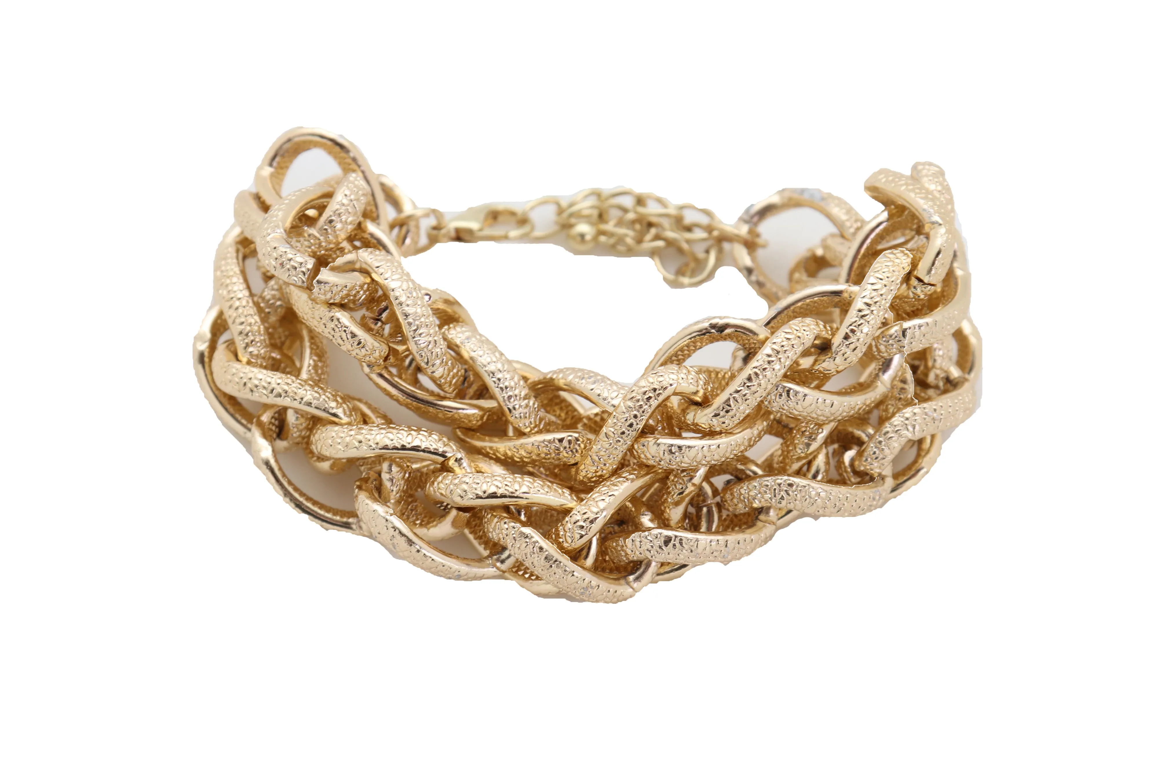 Women Bracelet Gold Textured Chain Links Double Strands Bulky Attractive Stylish Look