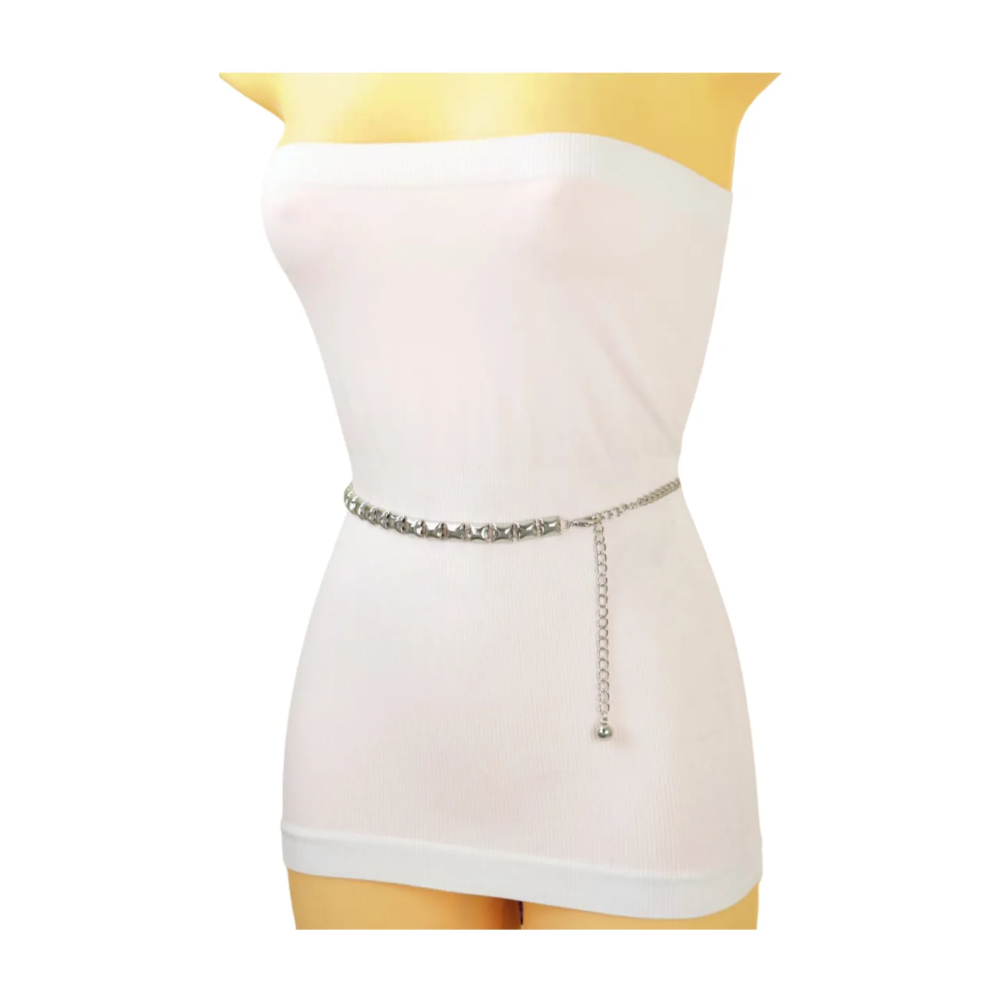 Women Silver Metal Chain Belt Square Charm S M L