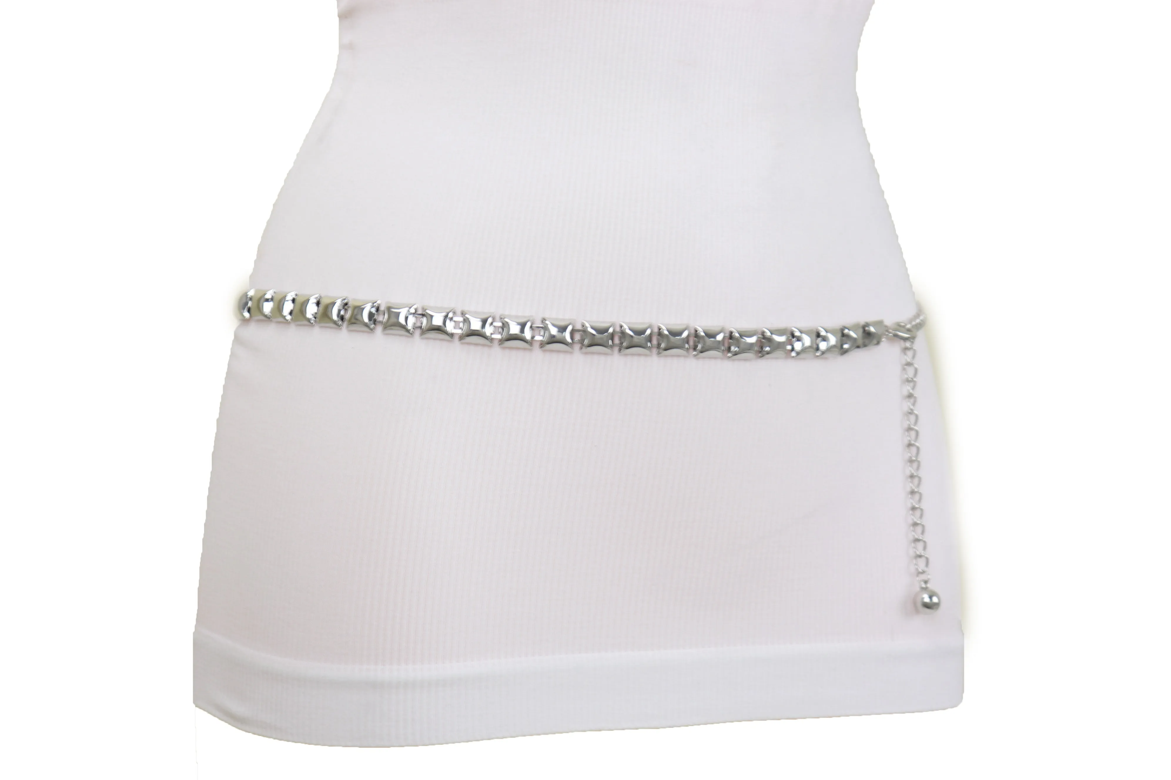 Women Silver Metal Chain Belt Square Charm S M L