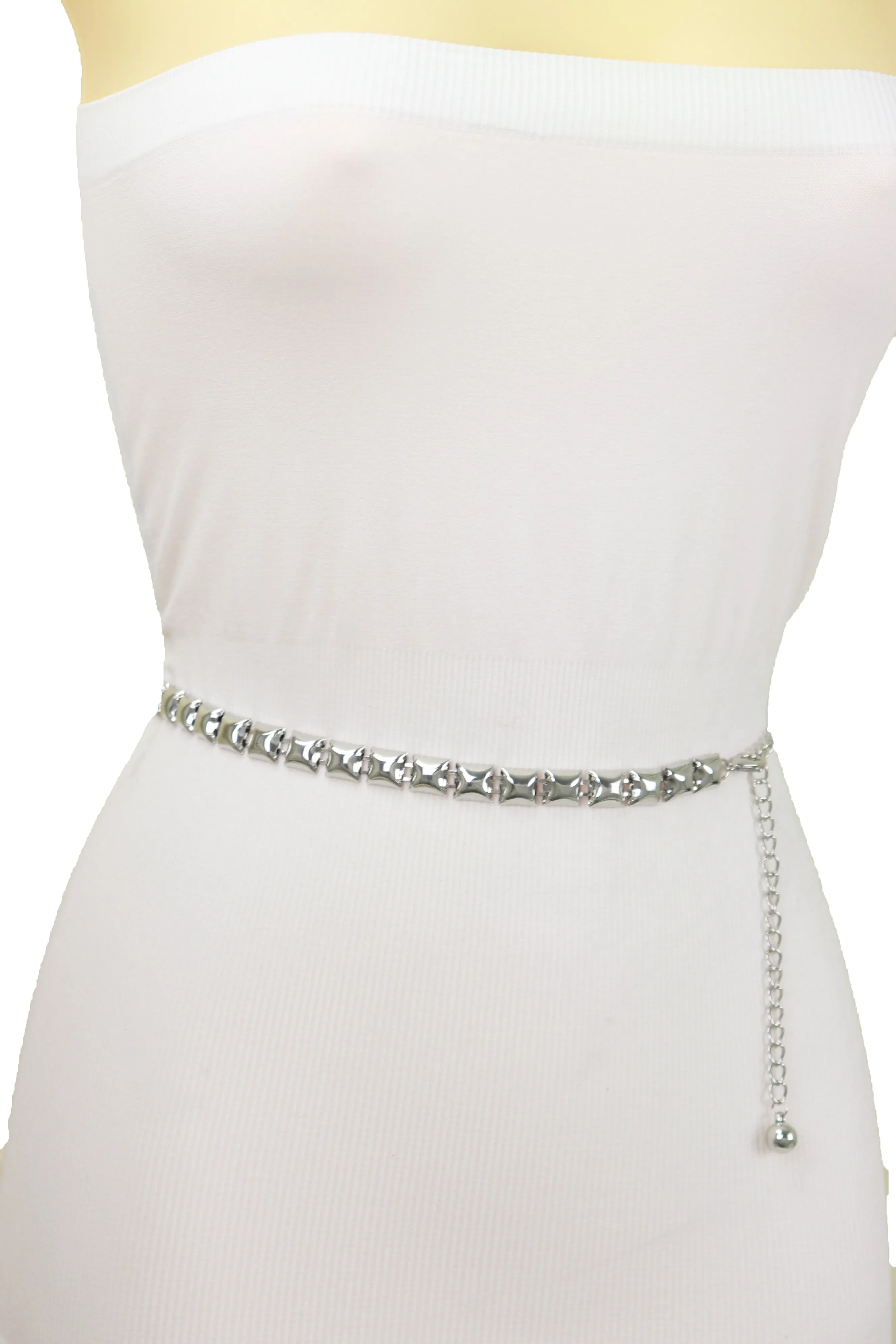 Women Silver Metal Chain Belt Square Charm S M L