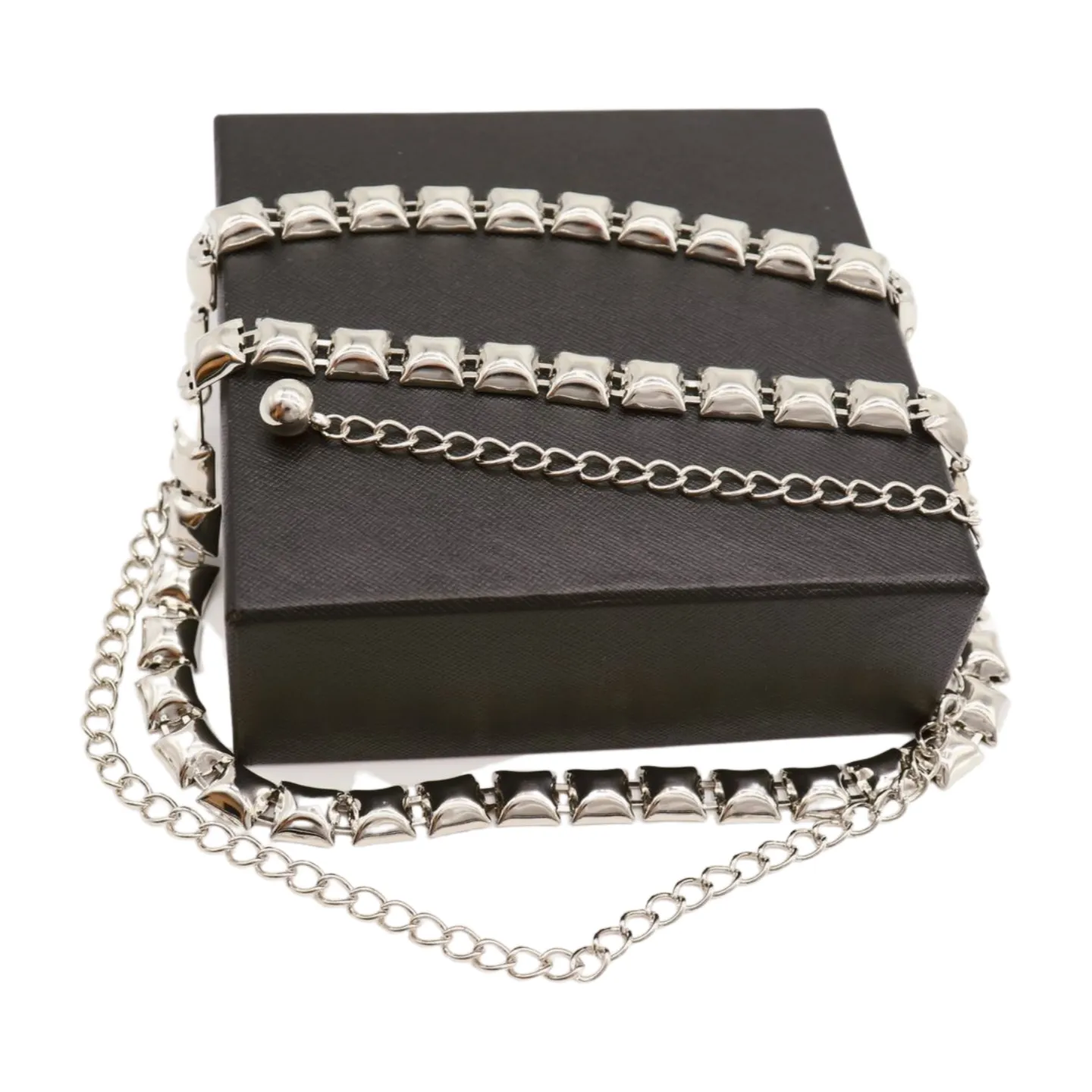 Women Silver Metal Chain Belt Square Charm S M L