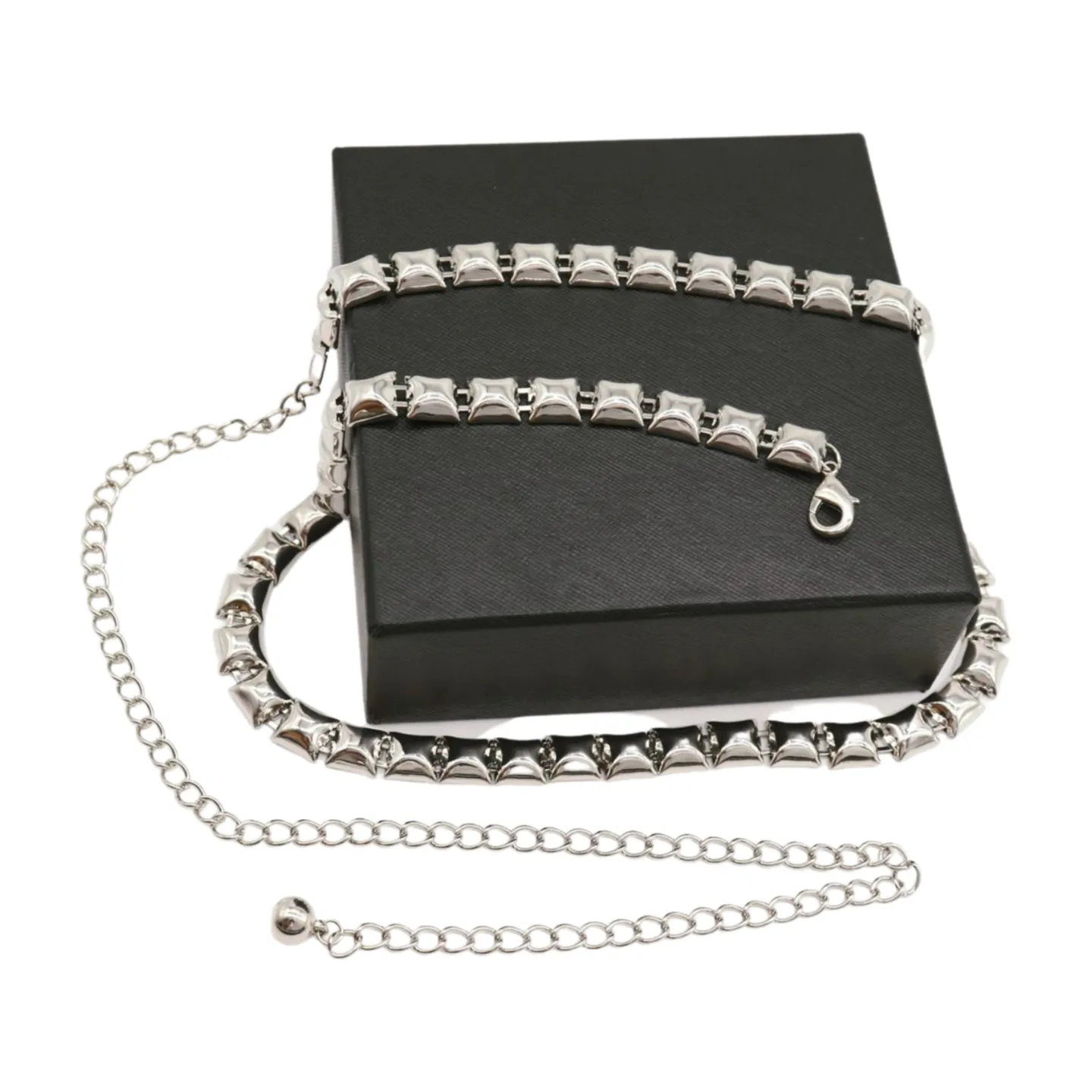 Women Silver Metal Chain Belt Square Charm S M L