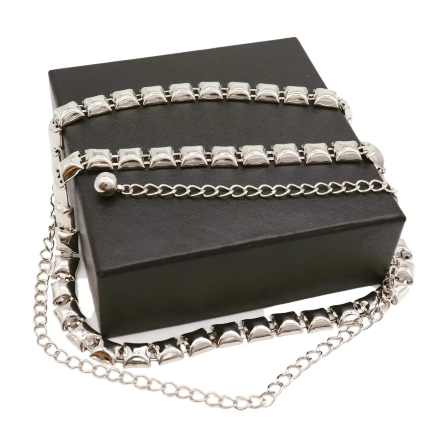 Women Silver Metal Chain Belt Square Charm S M L