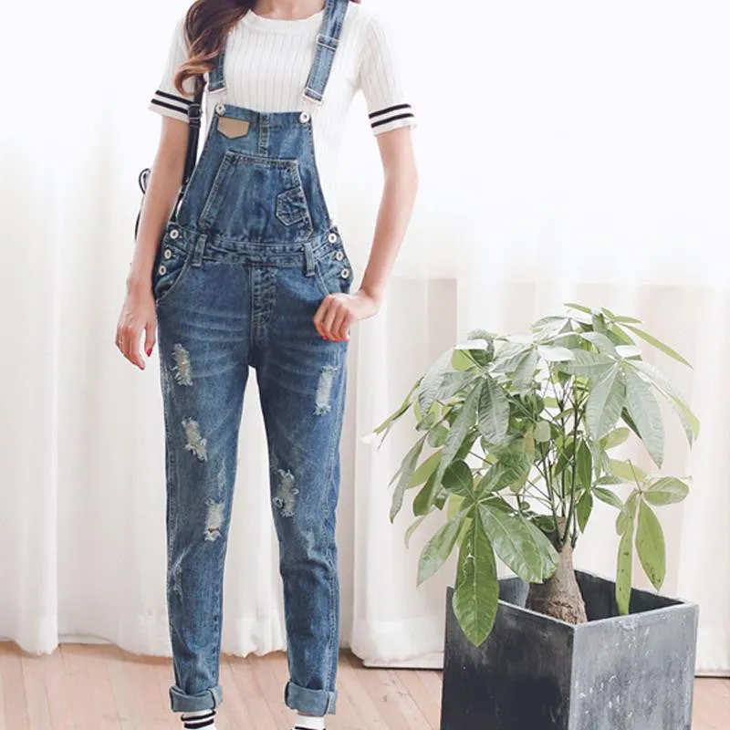 Womens Jumpsuit Denim Overalls Spring Autumn Casual Ripped Hole Loose Pants Ripped Pockets Jeans Coverall XL 2XL WT00194