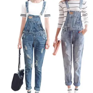 Womens Jumpsuit Denim Overalls Spring Autumn Casual Ripped Hole Loose Pants Ripped Pockets Jeans Coverall XL 2XL WT00194
