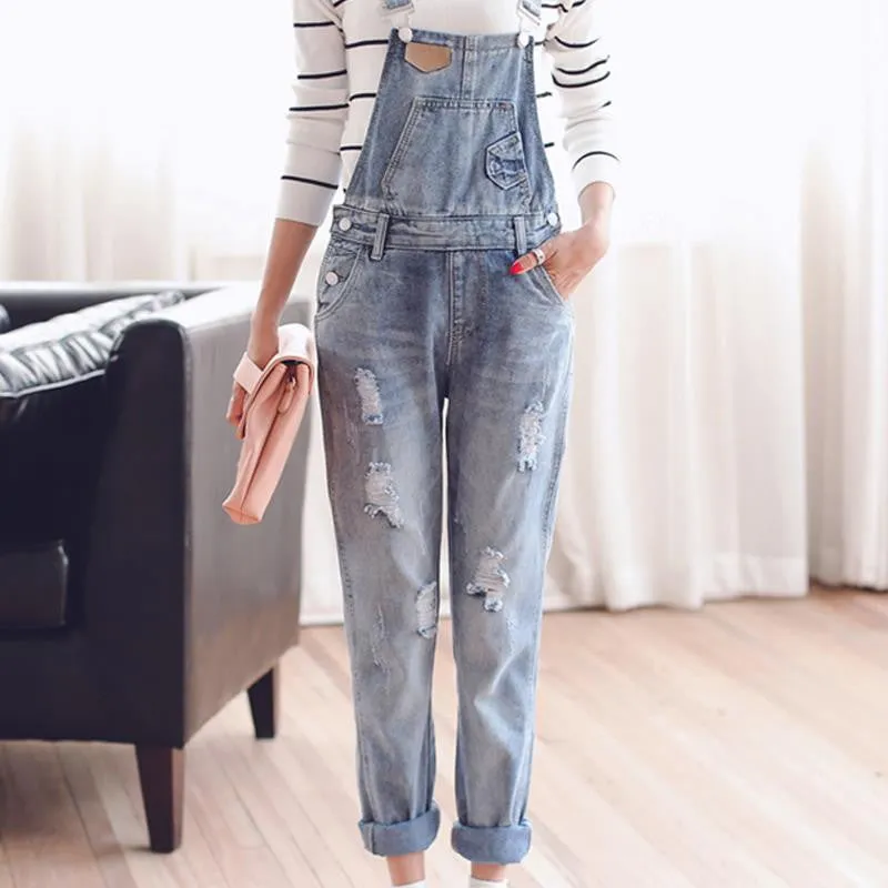Womens Jumpsuit Denim Overalls Spring Autumn Casual Ripped Hole Loose Pants Ripped Pockets Jeans Coverall XL 2XL WT00194