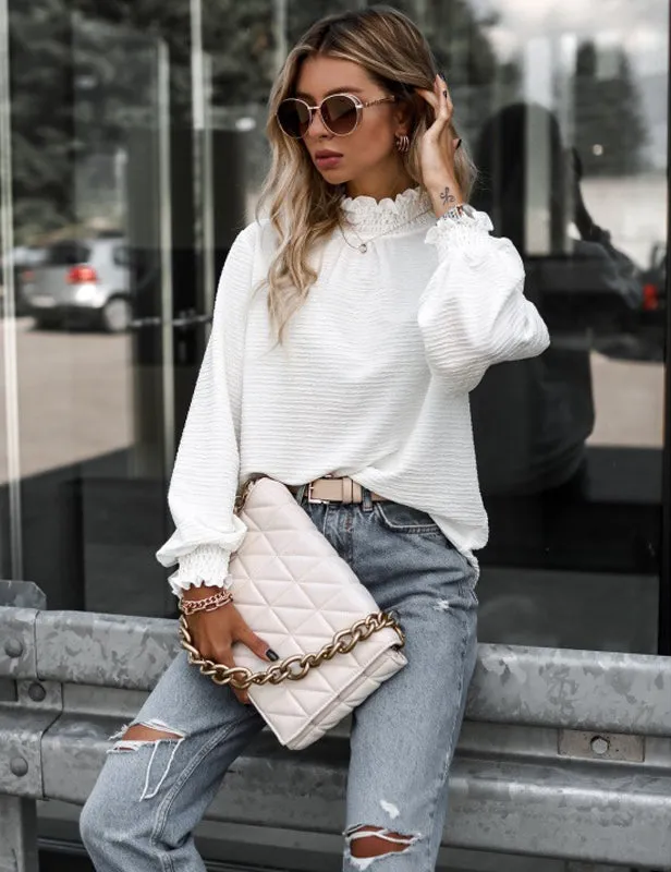 Women's Long Sleeve Ruffle Cuffs and Turtleneck - White