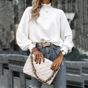 Women's Long Sleeve Ruffle Cuffs and Turtleneck - White