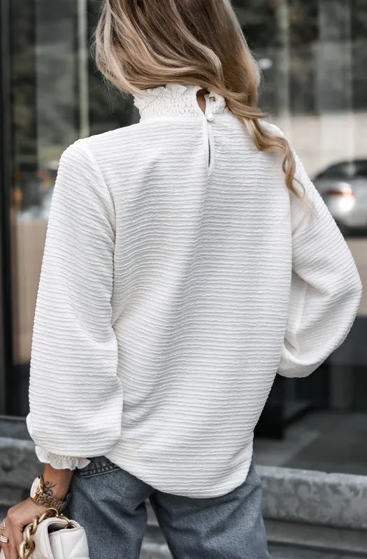 Women's Long Sleeve Ruffle Cuffs and Turtleneck - White