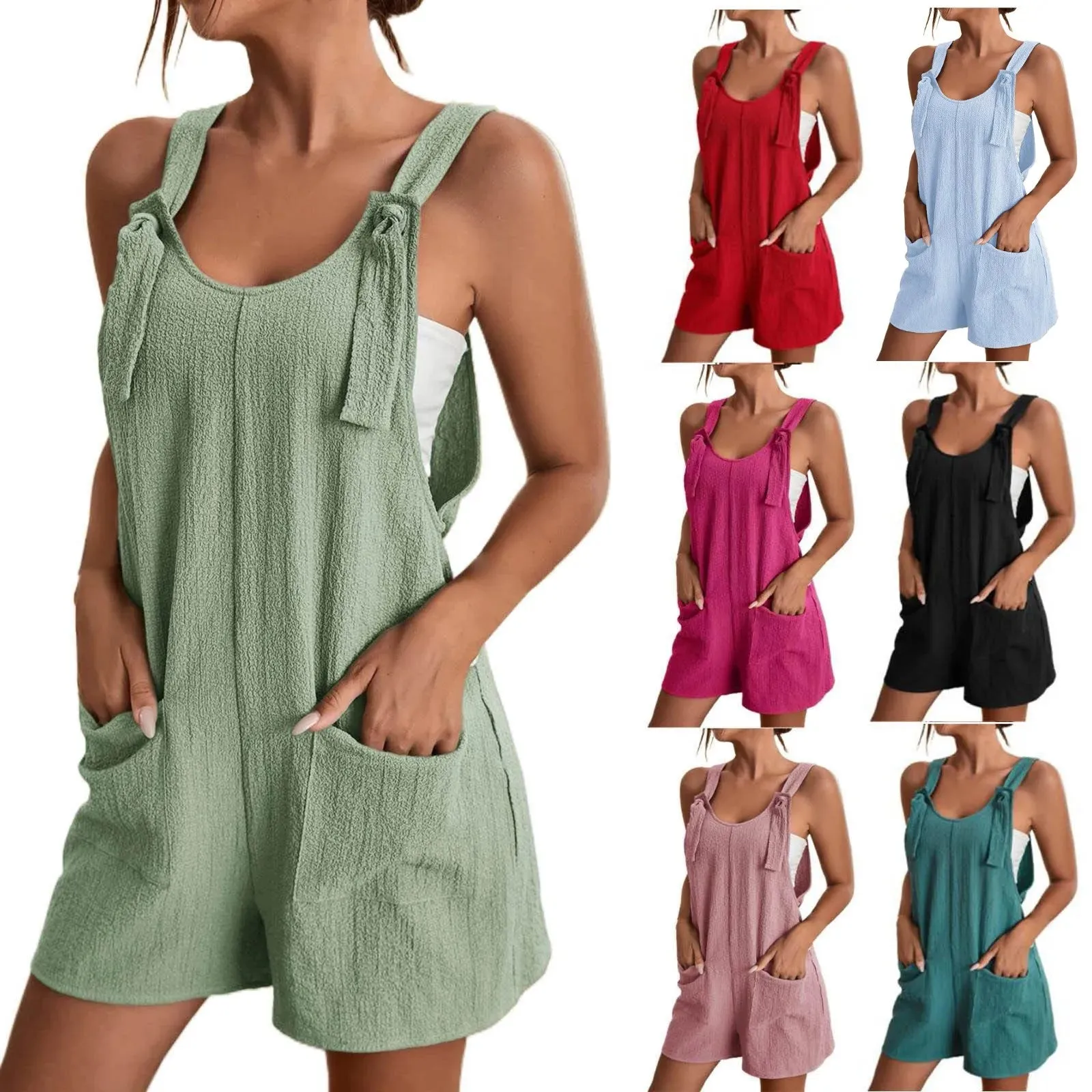 Women's Tie Shoulder Overall Shorts Scoop Neck Romper Jumpsuit With Pocket jumpsuit women