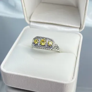 Yellow CZ Ring, Size 8.5, Sterling Silver Lily Leaf Filigree, Edwardian Jewelry #D197 - Ready to Ship