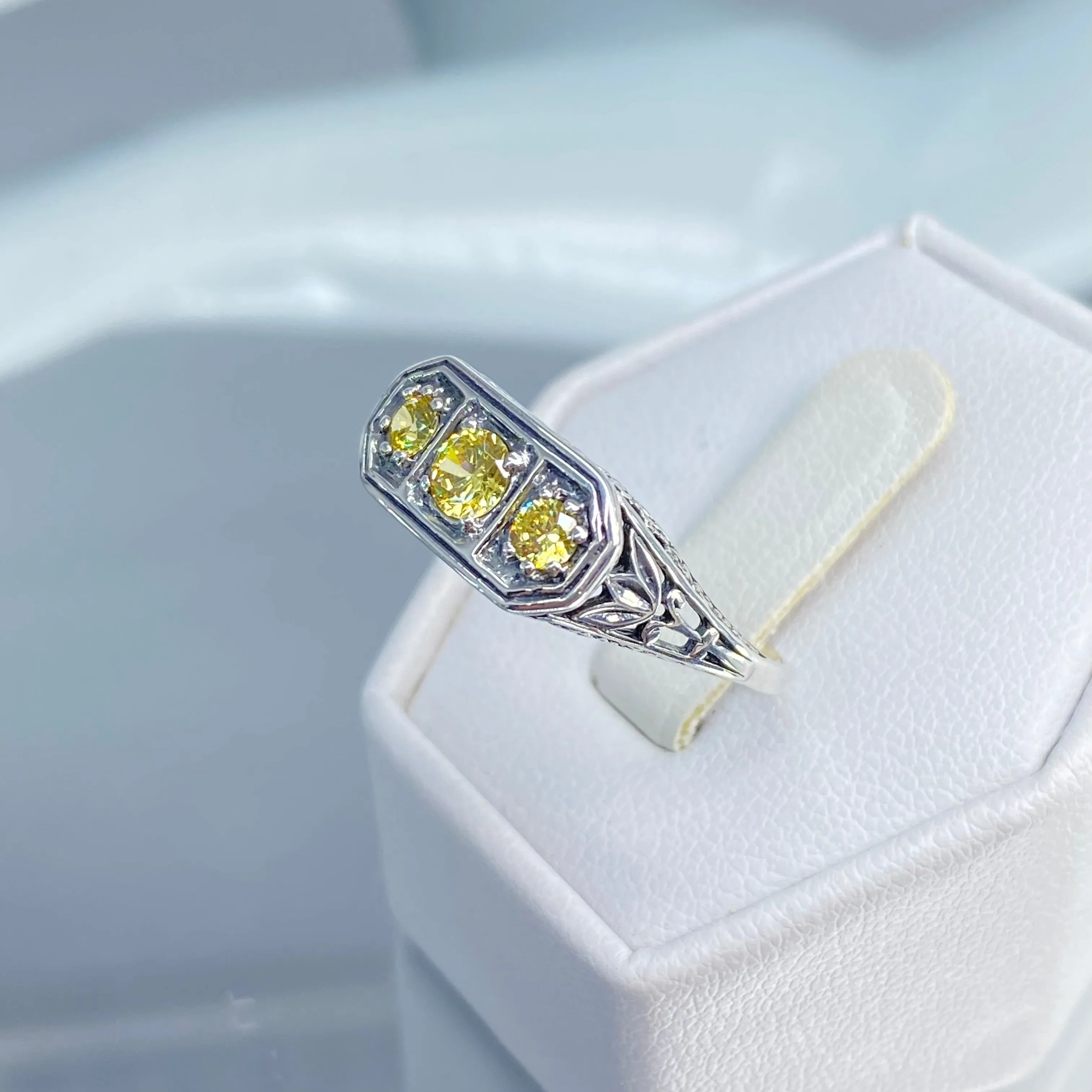 Yellow CZ Ring, Size 8.5, Sterling Silver Lily Leaf Filigree, Edwardian Jewelry #D197 - Ready to Ship