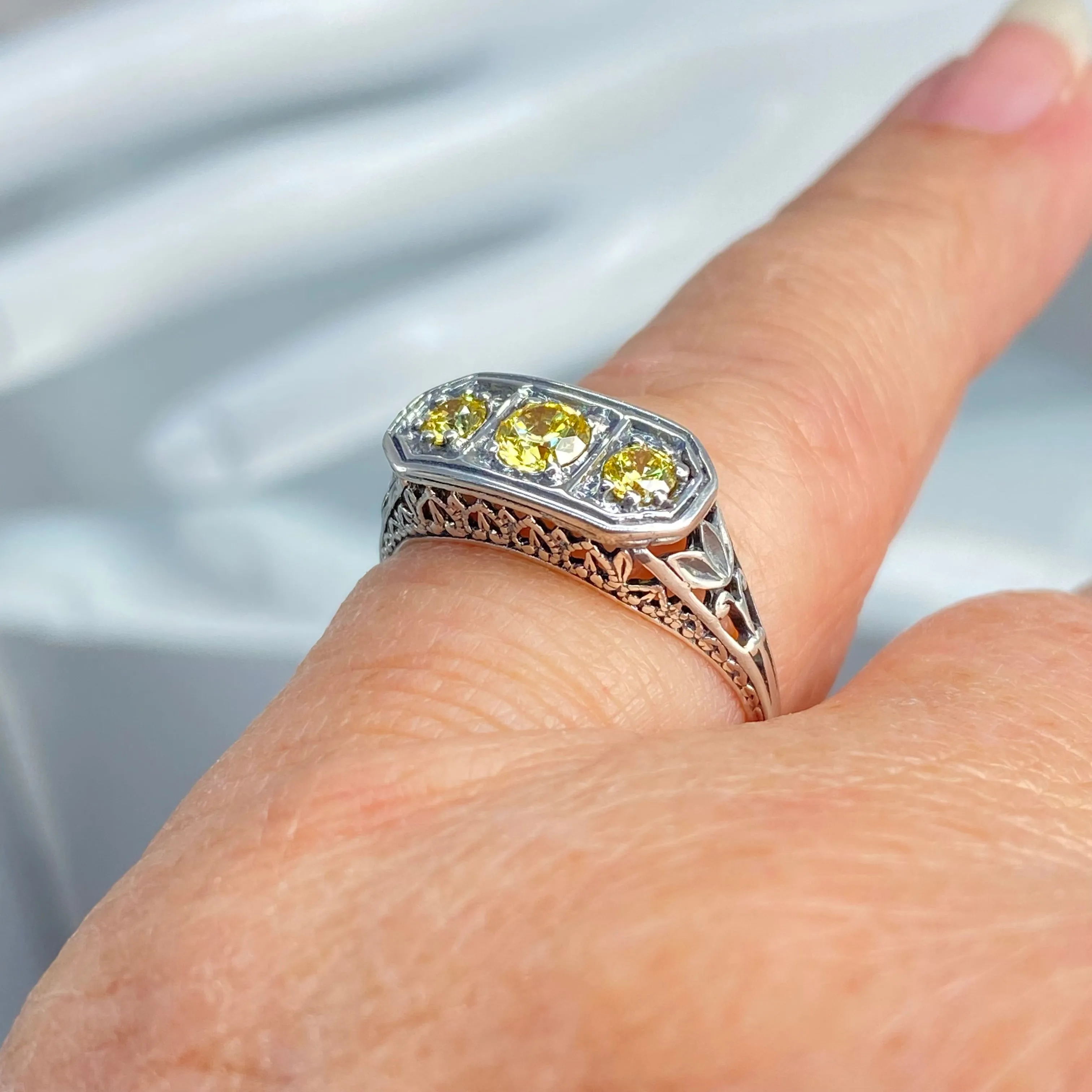 Yellow CZ Ring, Size 8.5, Sterling Silver Lily Leaf Filigree, Edwardian Jewelry #D197 - Ready to Ship
