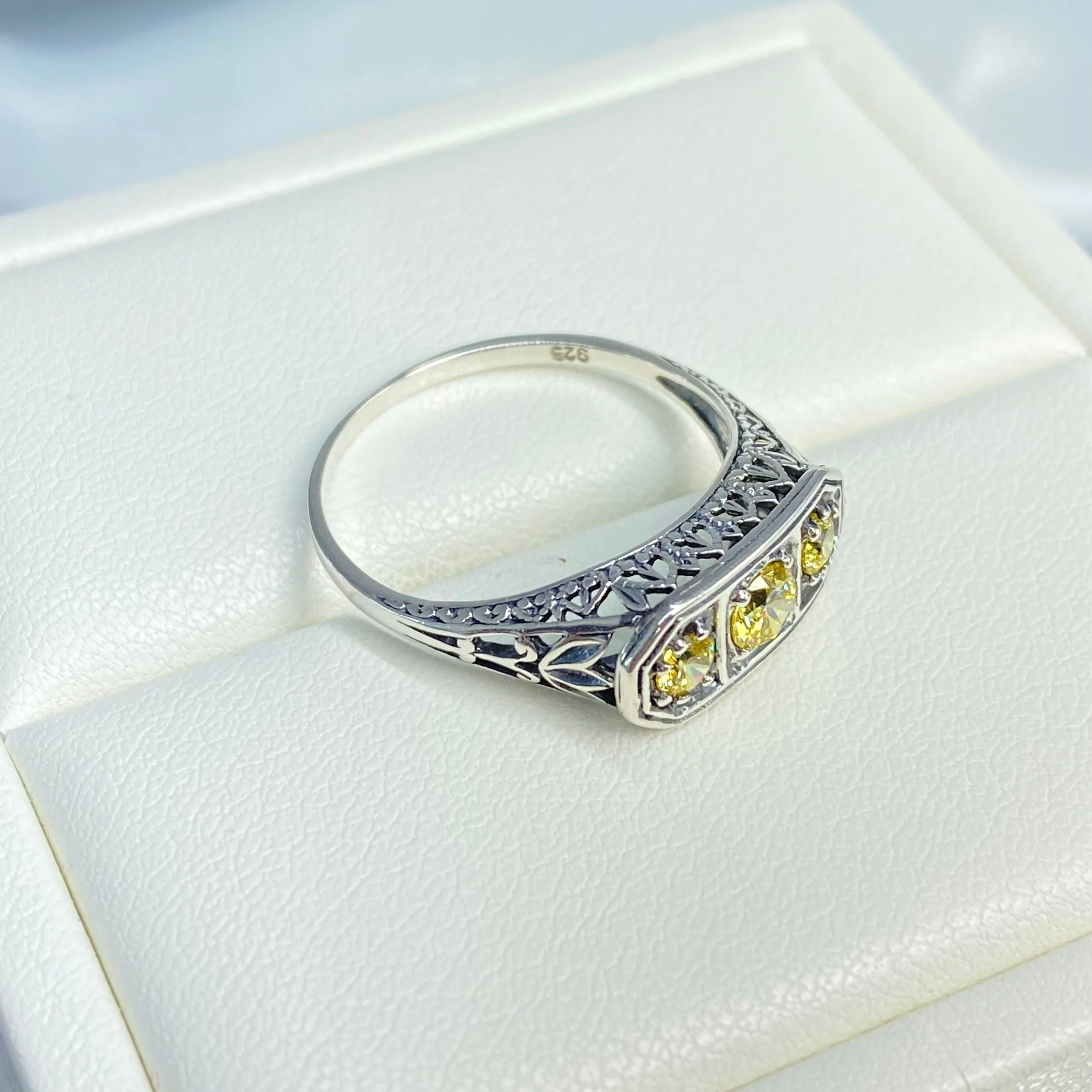 Yellow CZ Ring, Size 8.5, Sterling Silver Lily Leaf Filigree, Edwardian Jewelry #D197 - Ready to Ship