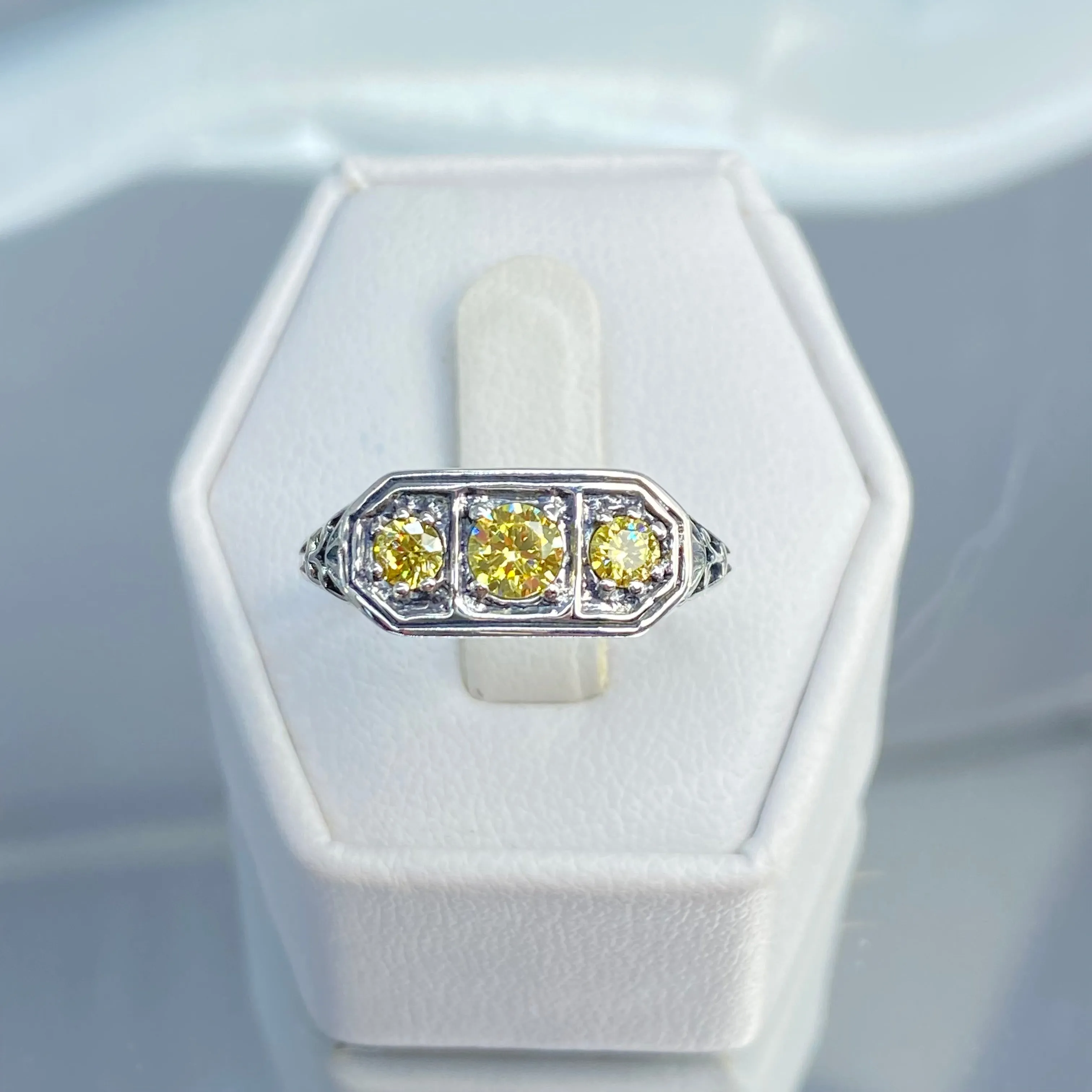 Yellow CZ Ring, Size 8.5, Sterling Silver Lily Leaf Filigree, Edwardian Jewelry #D197 - Ready to Ship