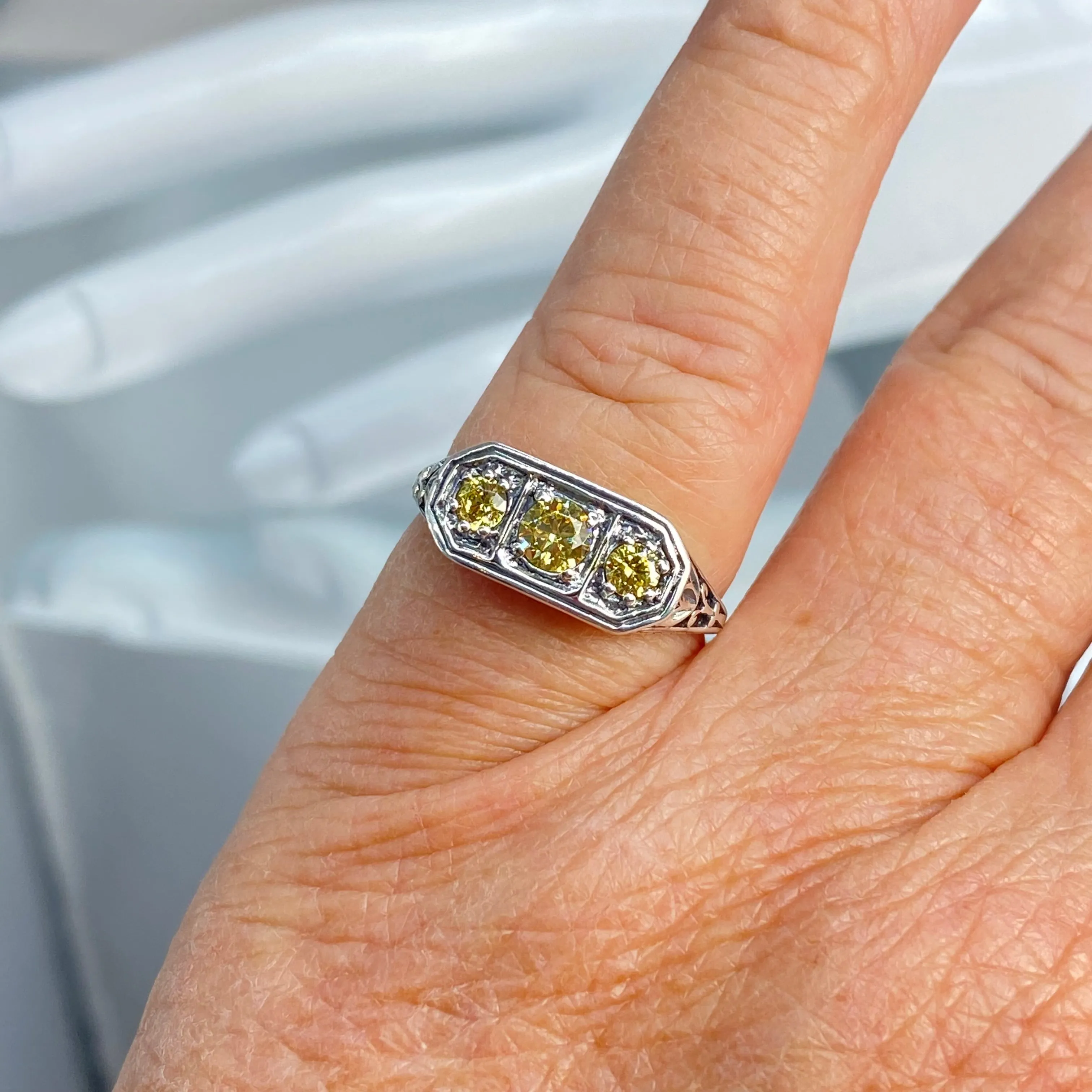 Yellow CZ Ring, Size 8.5, Sterling Silver Lily Leaf Filigree, Edwardian Jewelry #D197 - Ready to Ship