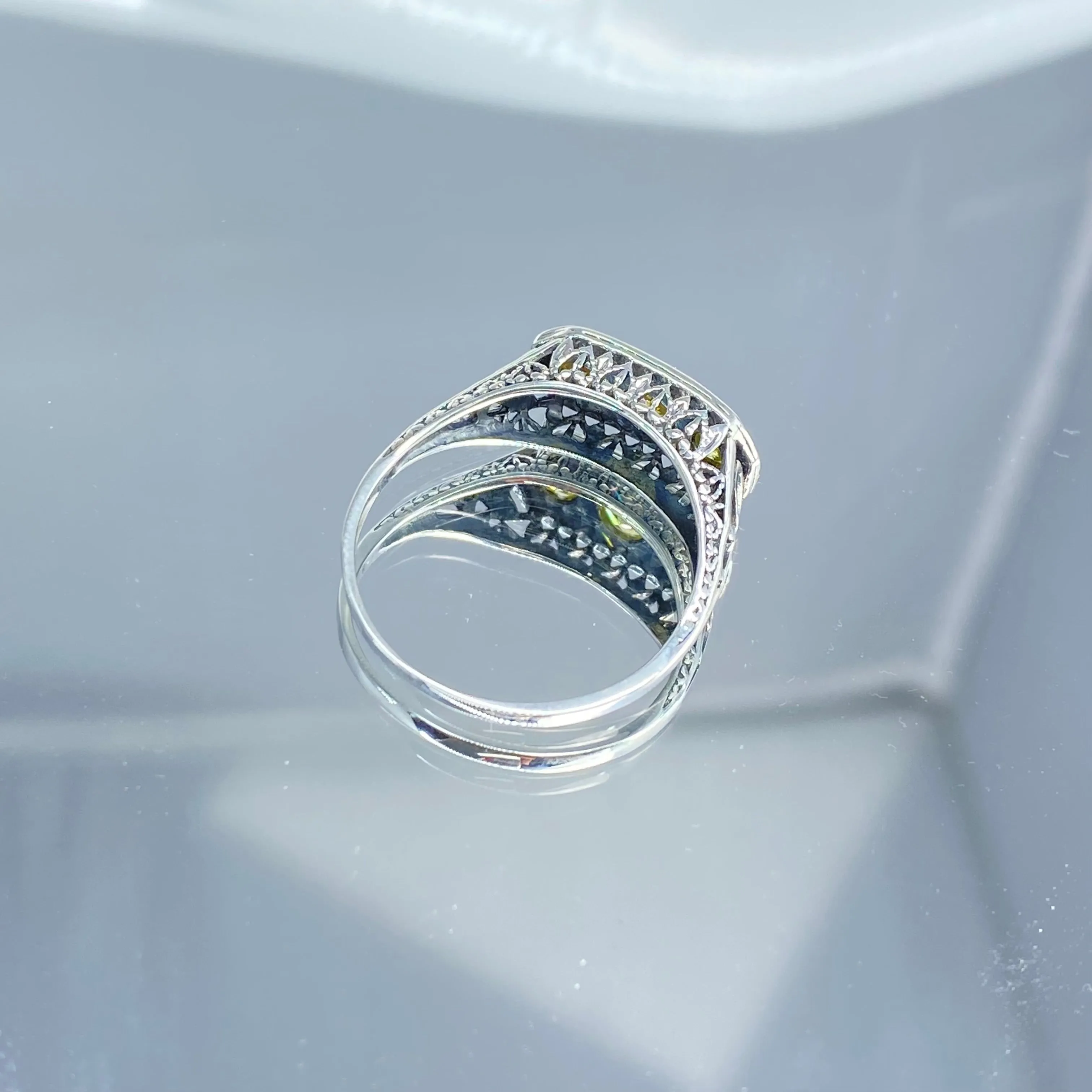 Yellow CZ Ring, Size 8.5, Sterling Silver Lily Leaf Filigree, Edwardian Jewelry #D197 - Ready to Ship