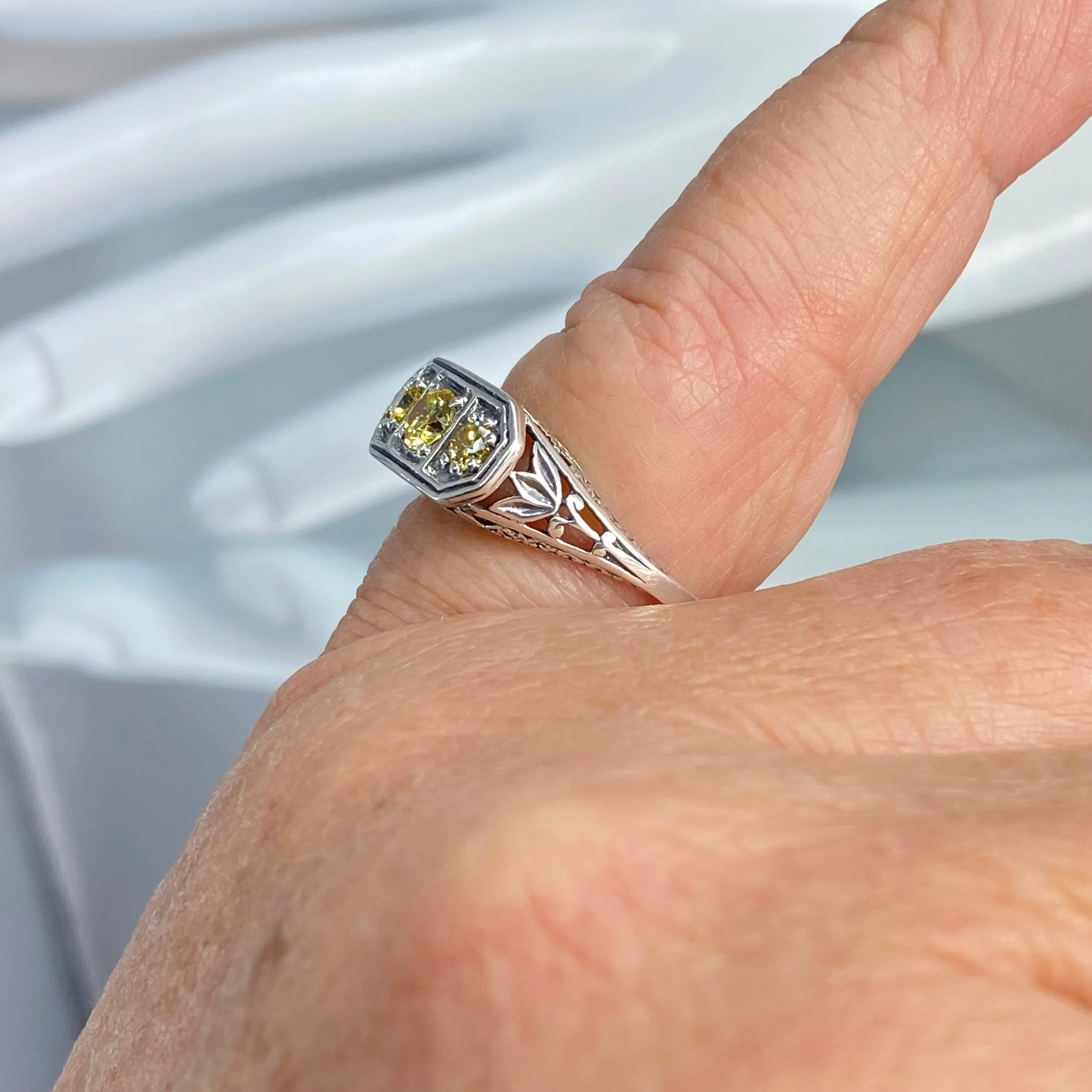 Yellow CZ Ring, Size 8.5, Sterling Silver Lily Leaf Filigree, Edwardian Jewelry #D197 - Ready to Ship