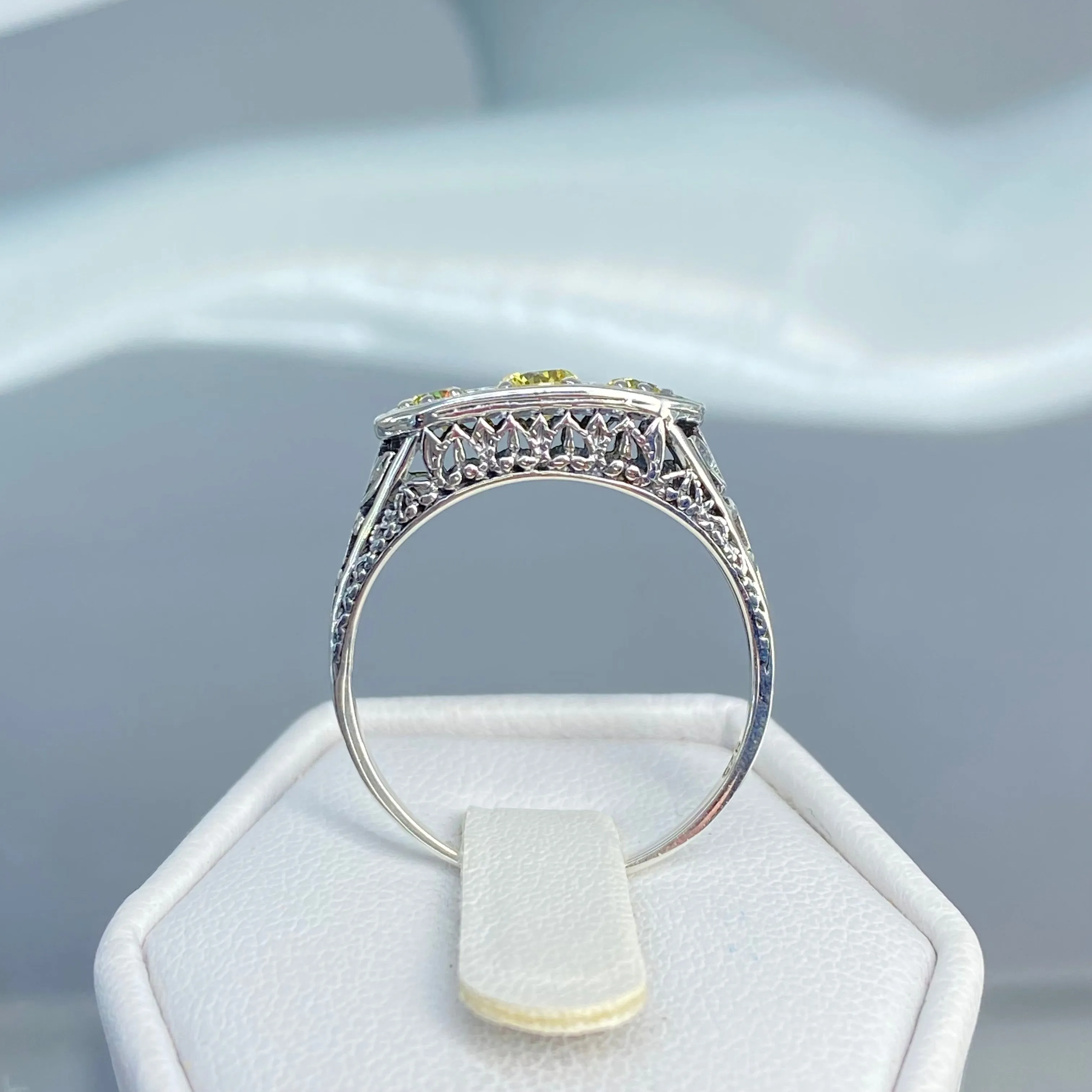Yellow CZ Ring, Size 8.5, Sterling Silver Lily Leaf Filigree, Edwardian Jewelry #D197 - Ready to Ship