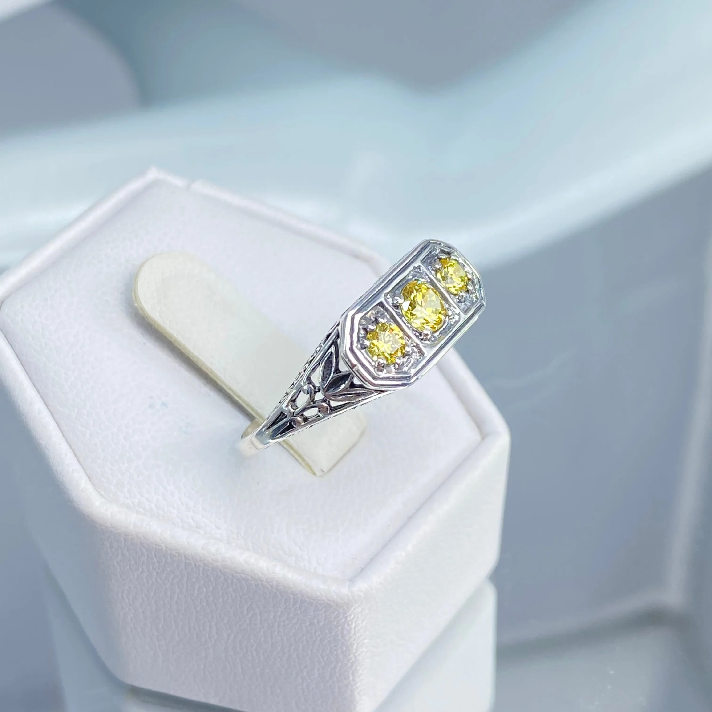 Yellow CZ Ring, Size 8.5, Sterling Silver Lily Leaf Filigree, Edwardian Jewelry #D197 - Ready to Ship